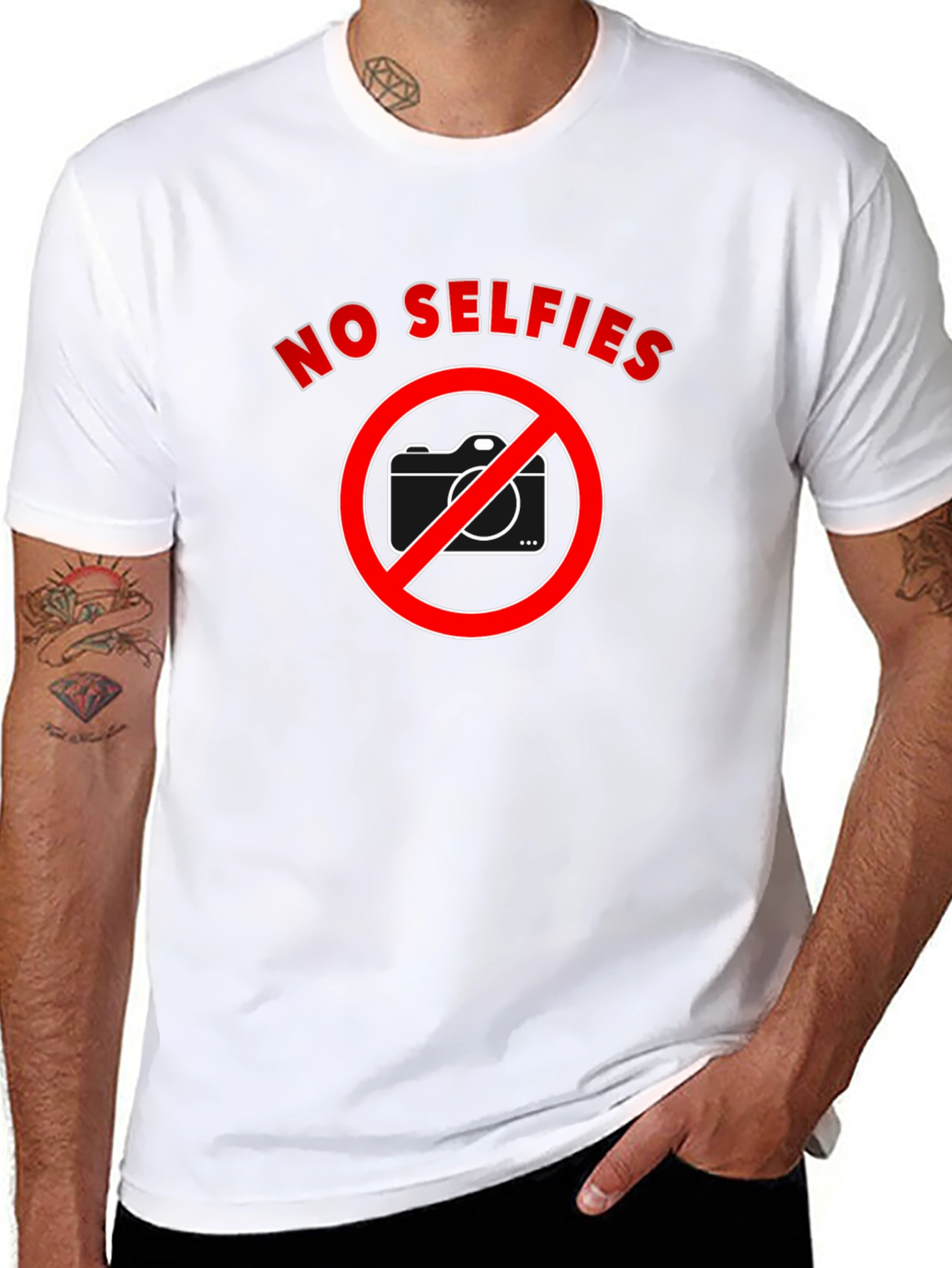 No Selfies T-Shirt - Black Cotton Crew Neck