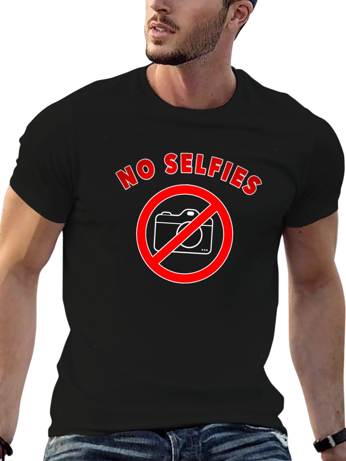 No Selfies T-Shirt - Black Cotton Crew Neck