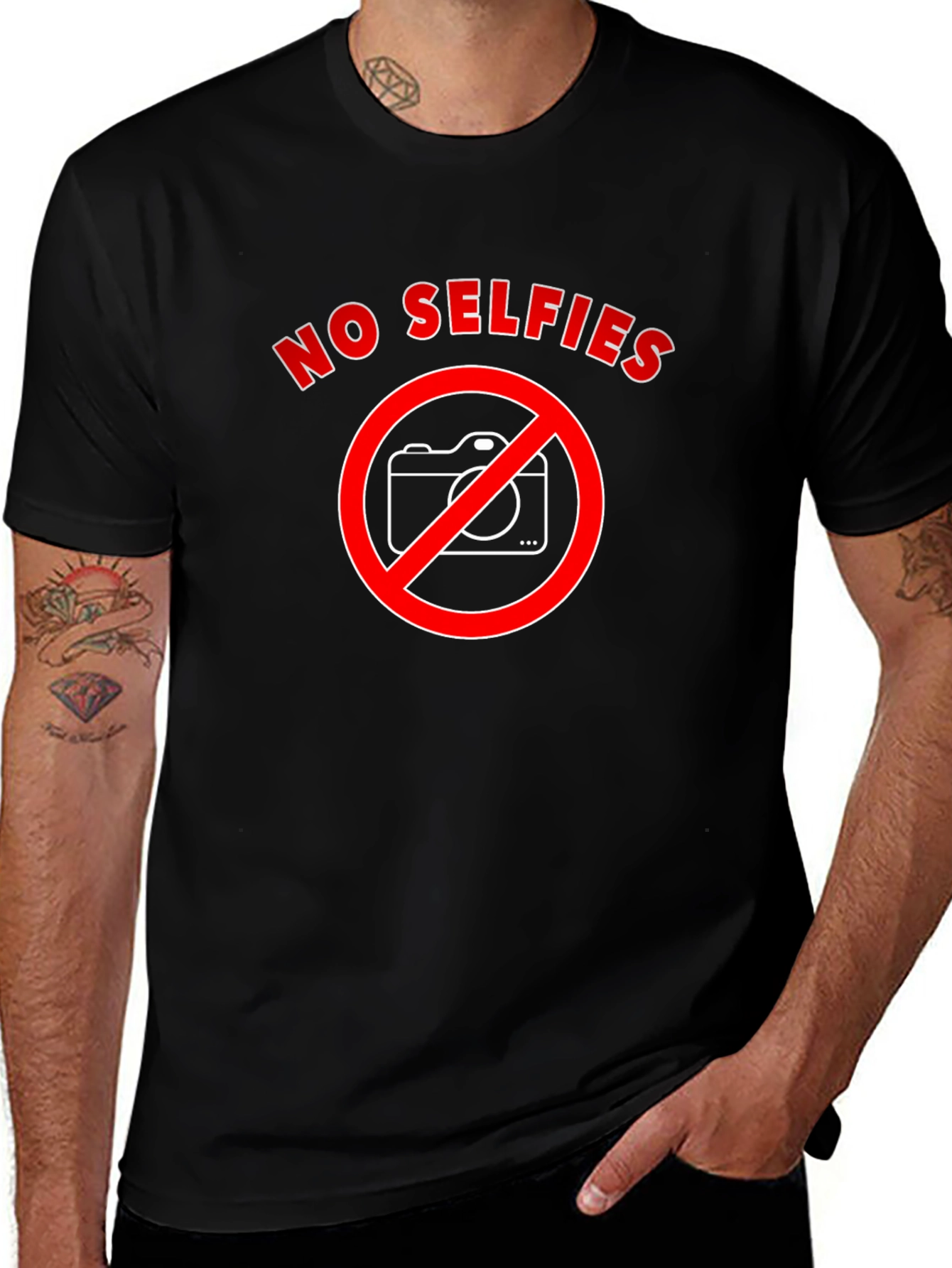 No Selfies T-Shirt - Black Cotton Crew Neck