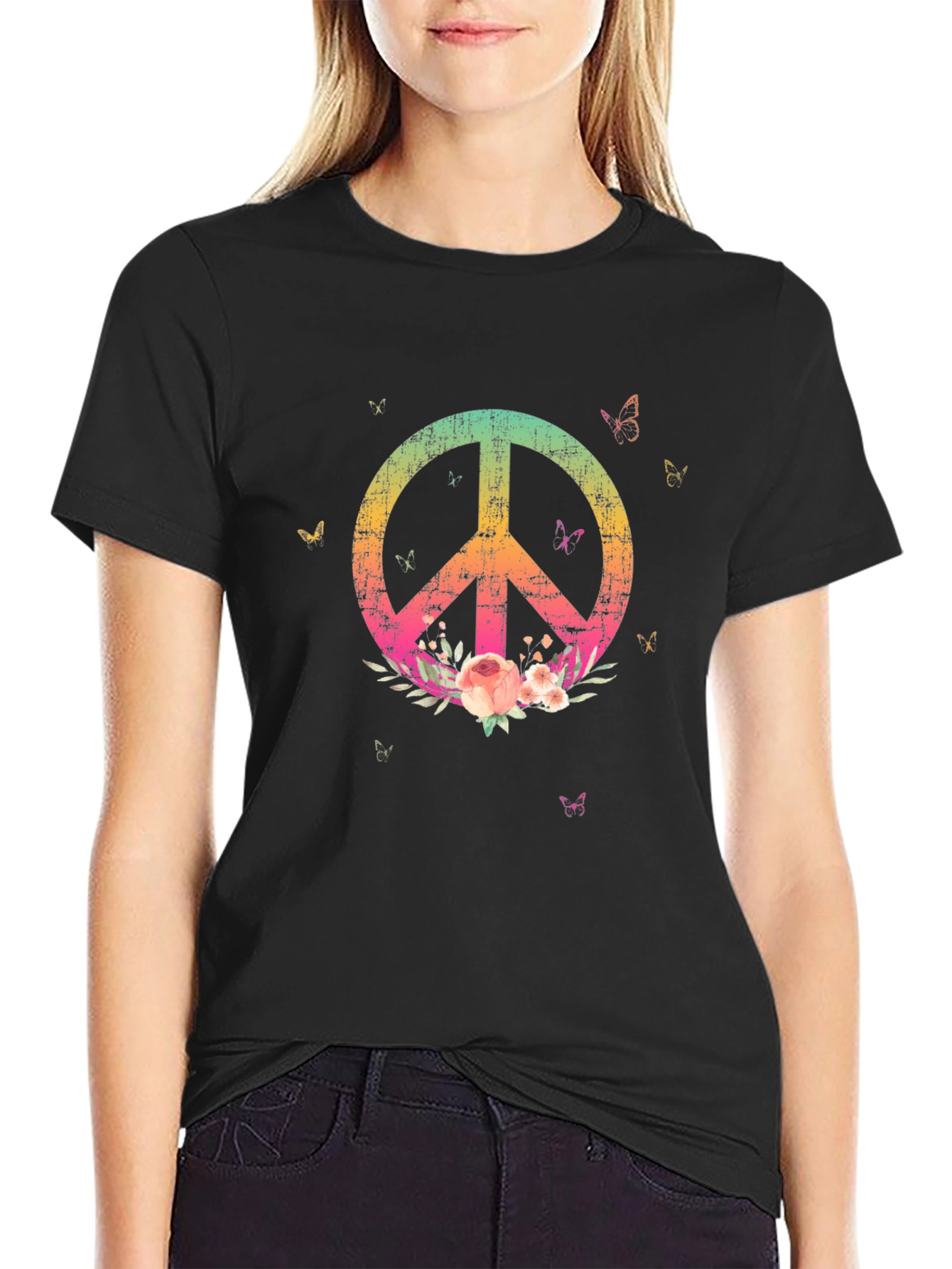 Peace Sign Floral T-Shirt - Black