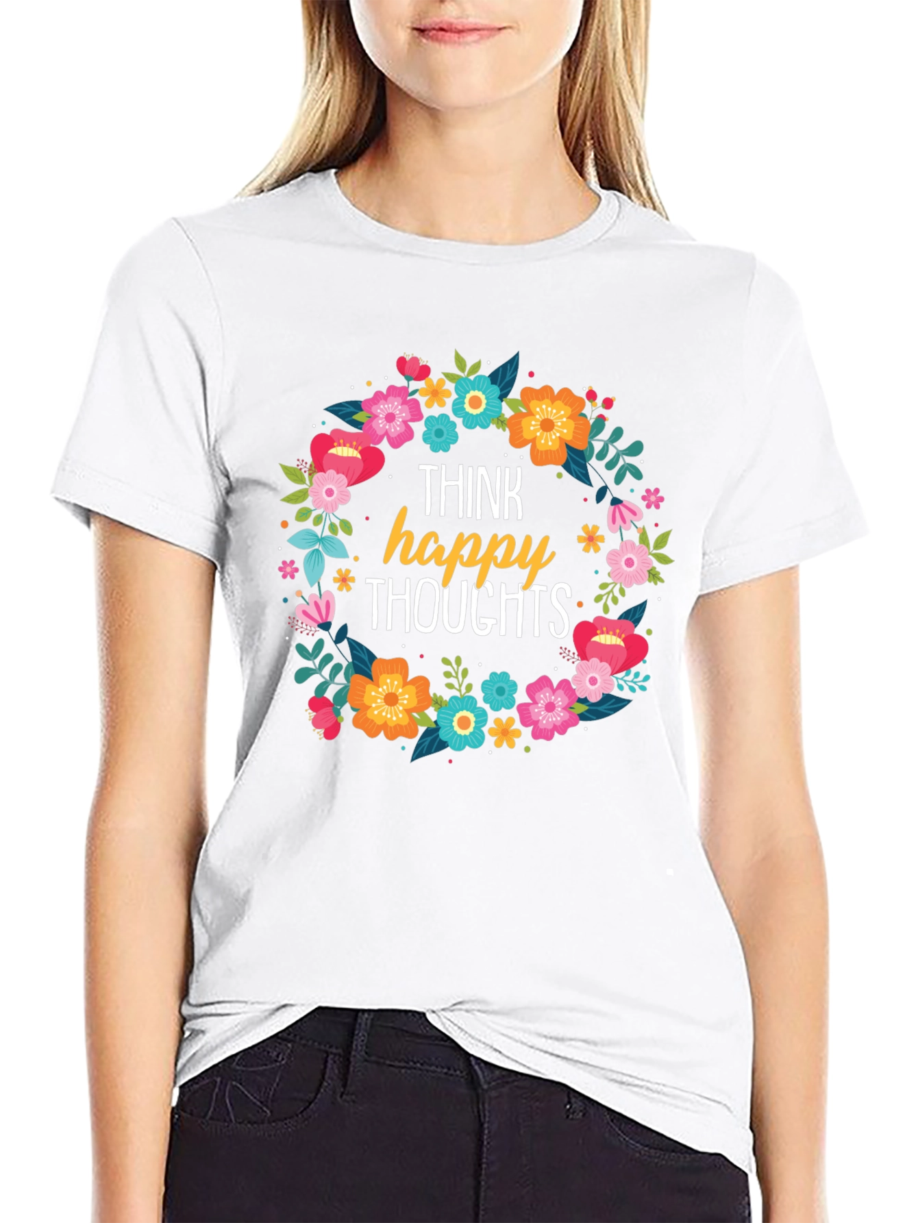Think Happy Thoughts Floral Wreath Black T-Shirt
