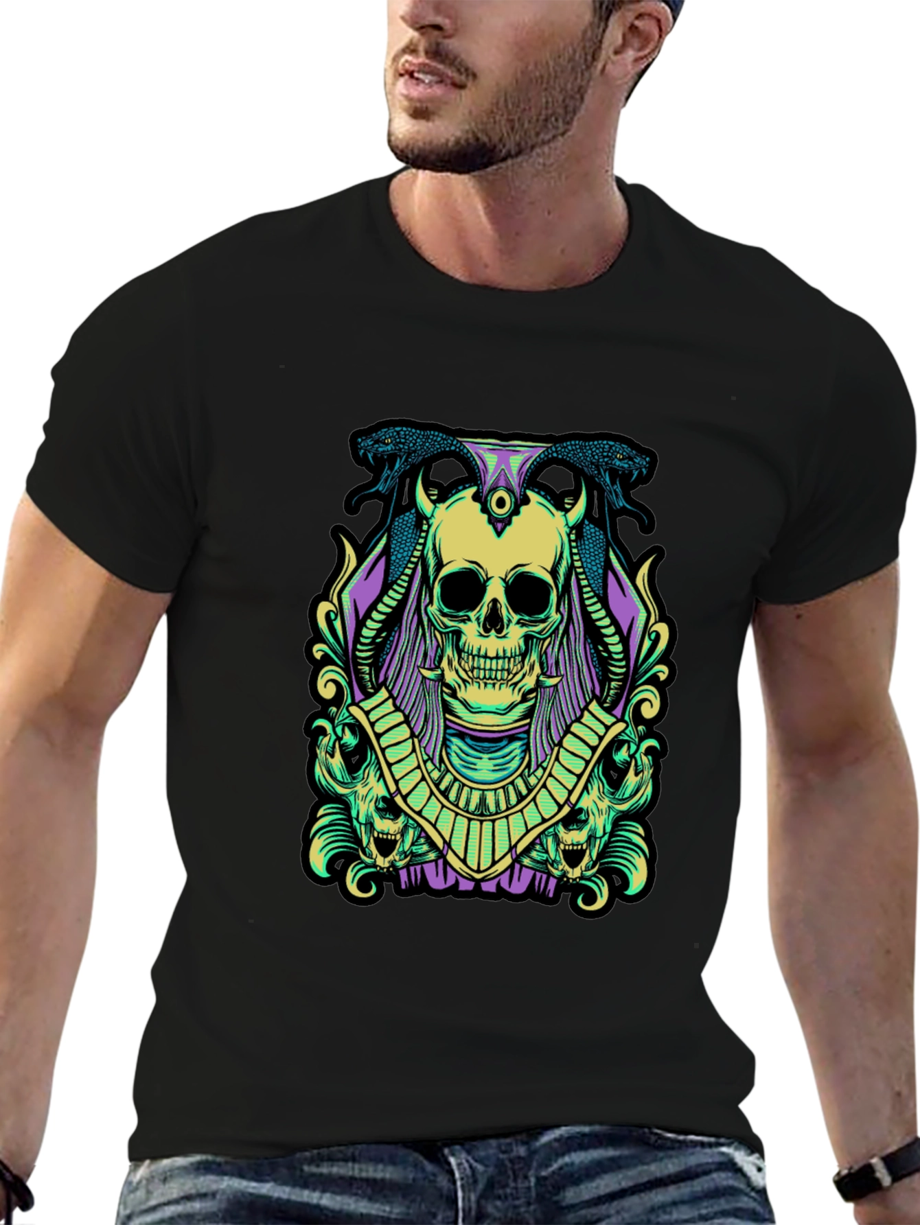 Skull & Snake Graphic Tee - Black Cotton