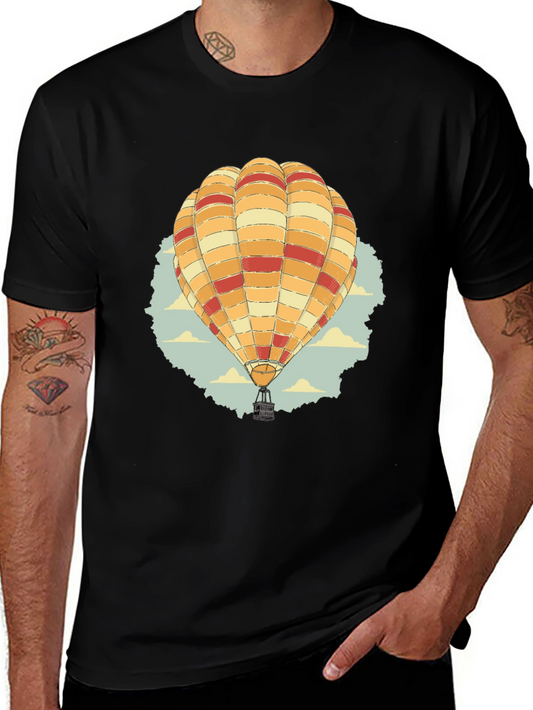 Hot Air Balloon Graphic Tee - Black Cotton T-Shirt