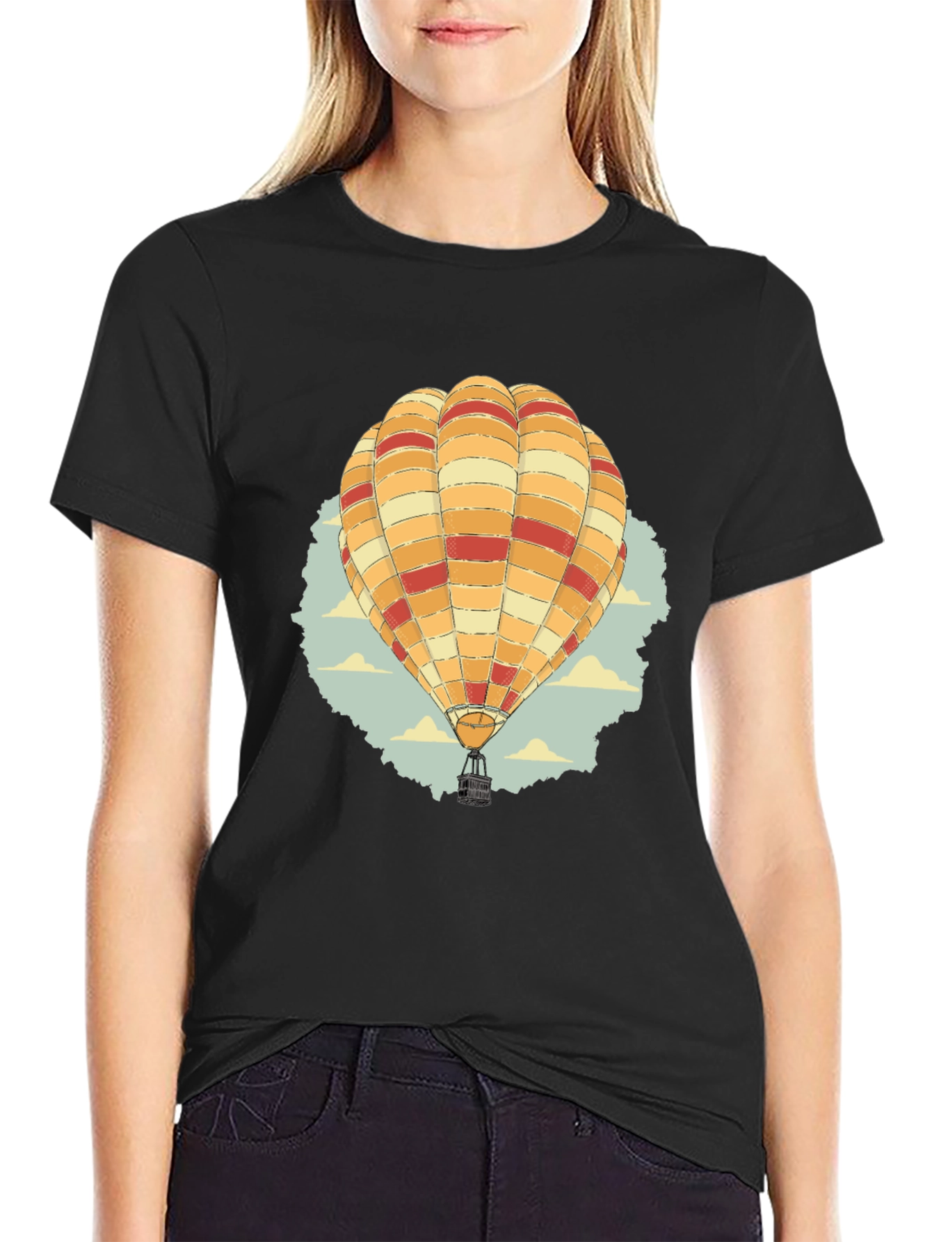 Hot Air Balloon Graphic Tee - Black Cotton T-Shirt