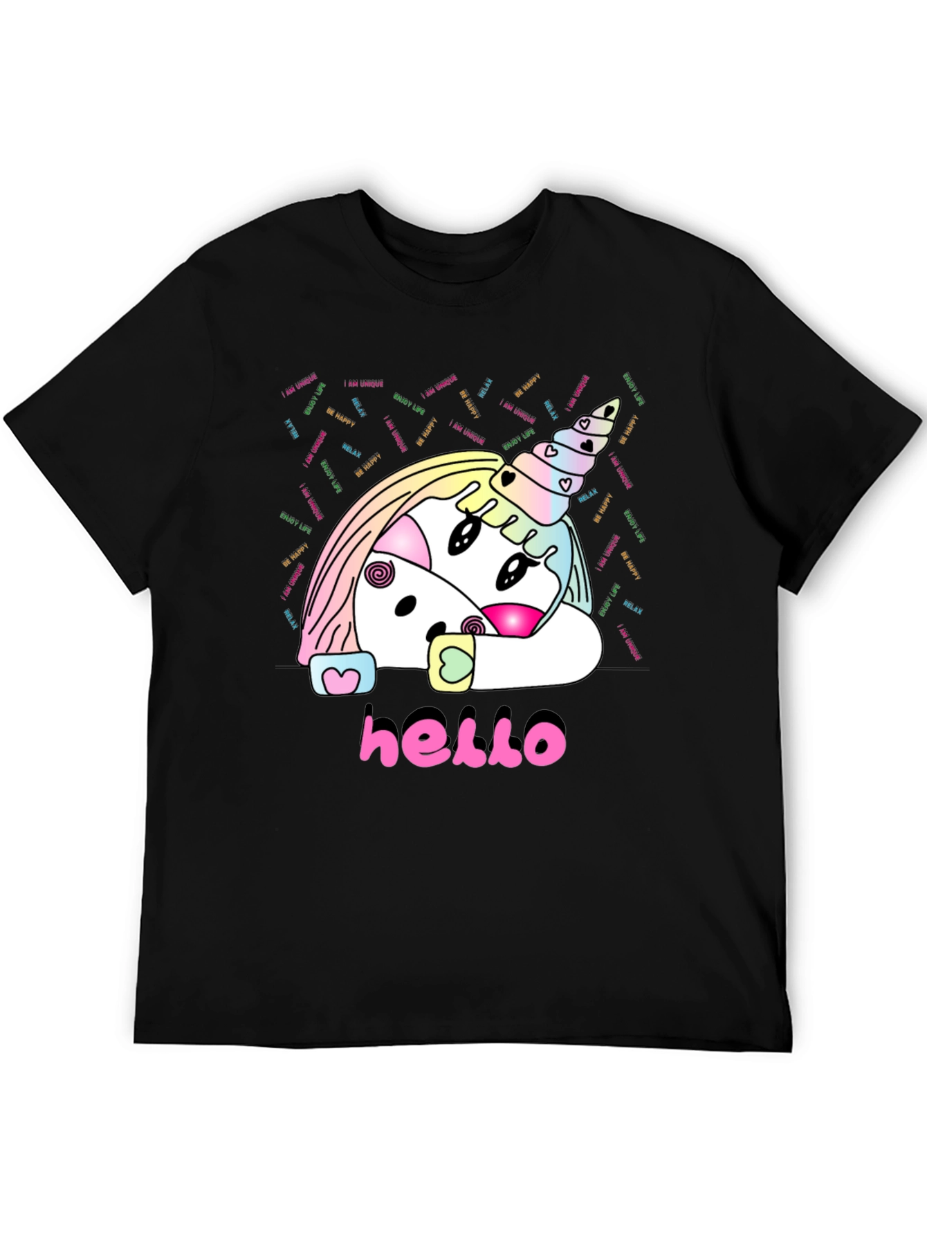 Unicorn Hello Black T-Shirt Graphic Tee
