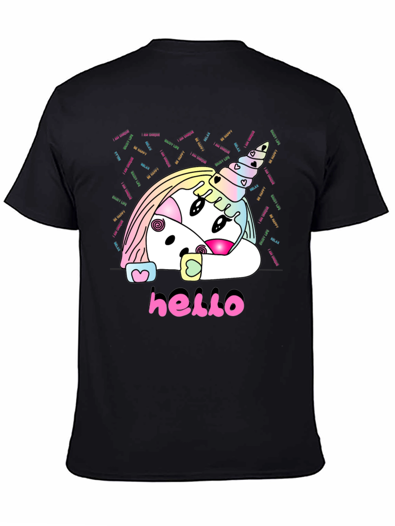 Unicorn Hello Black T-Shirt Graphic Tee