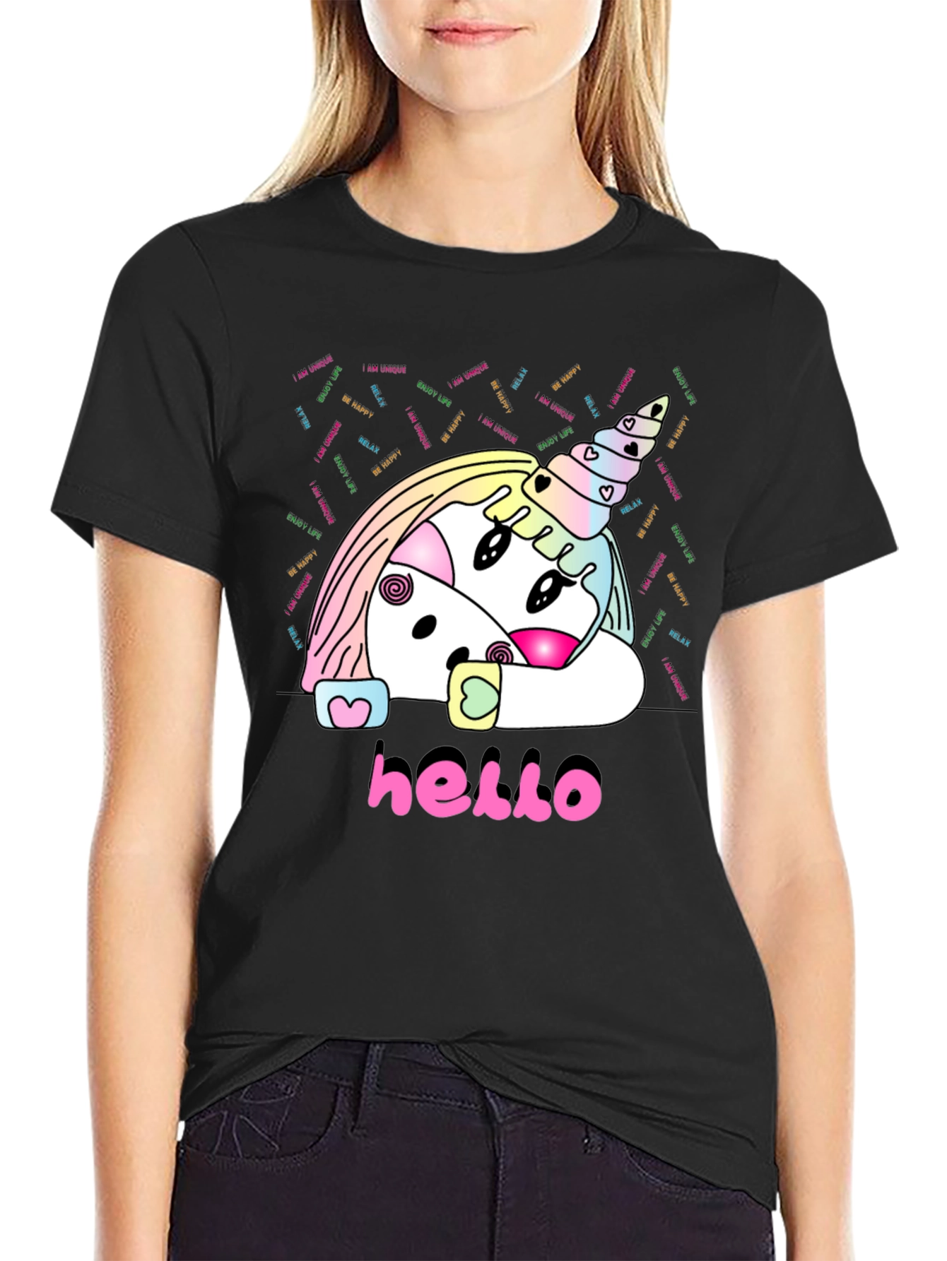 Unicorn Hello Black T-Shirt Graphic Tee