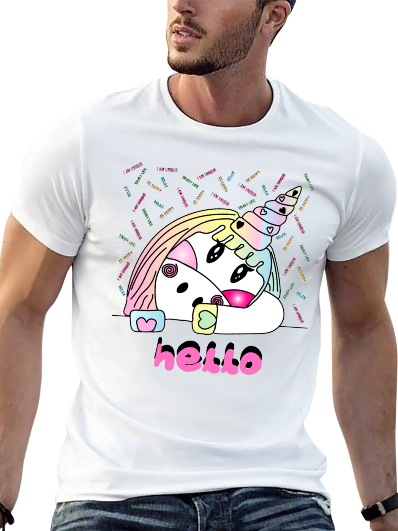 Unicorn Hello Black T-Shirt Graphic Tee