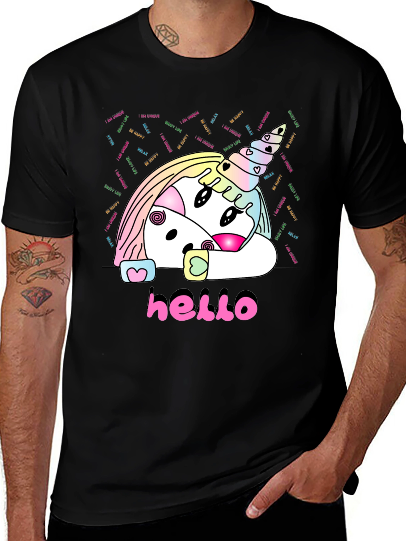 Unicorn Hello Black T-Shirt Graphic Tee