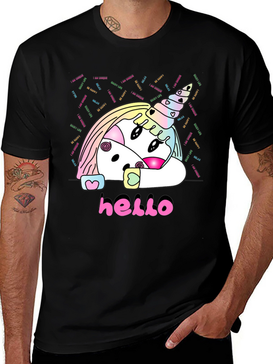 Unicorn Hello Black T-Shirt Graphic Tee