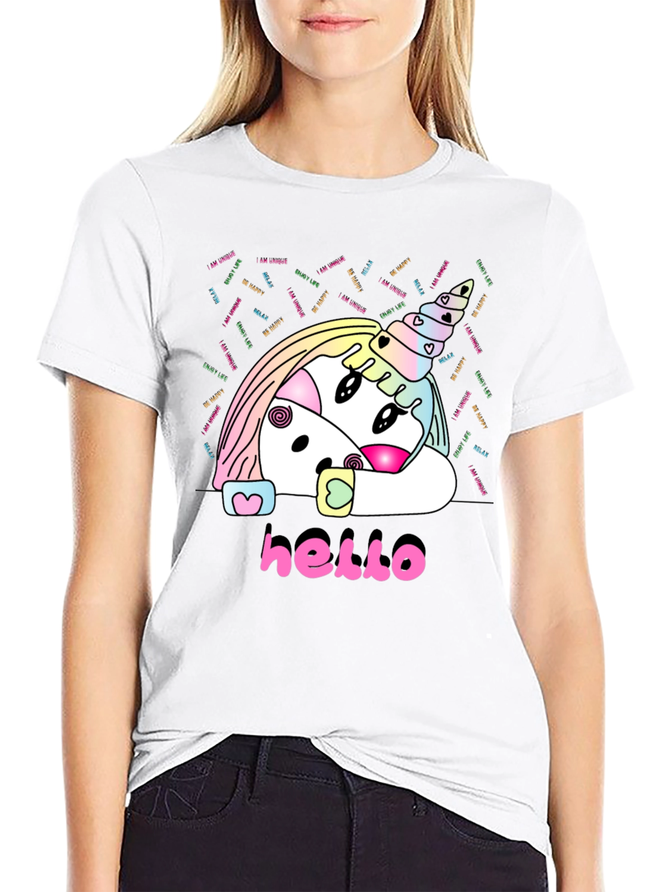 Unicorn Hello Black T-Shirt Graphic Tee