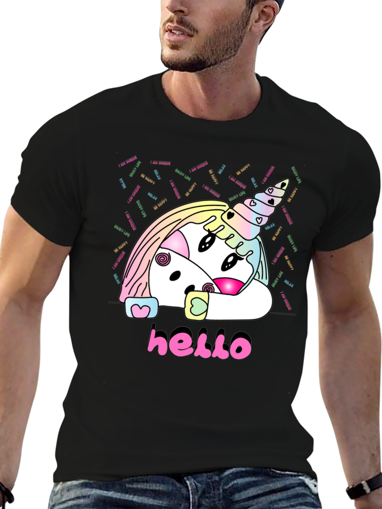 Unicorn Hello Black T-Shirt Graphic Tee