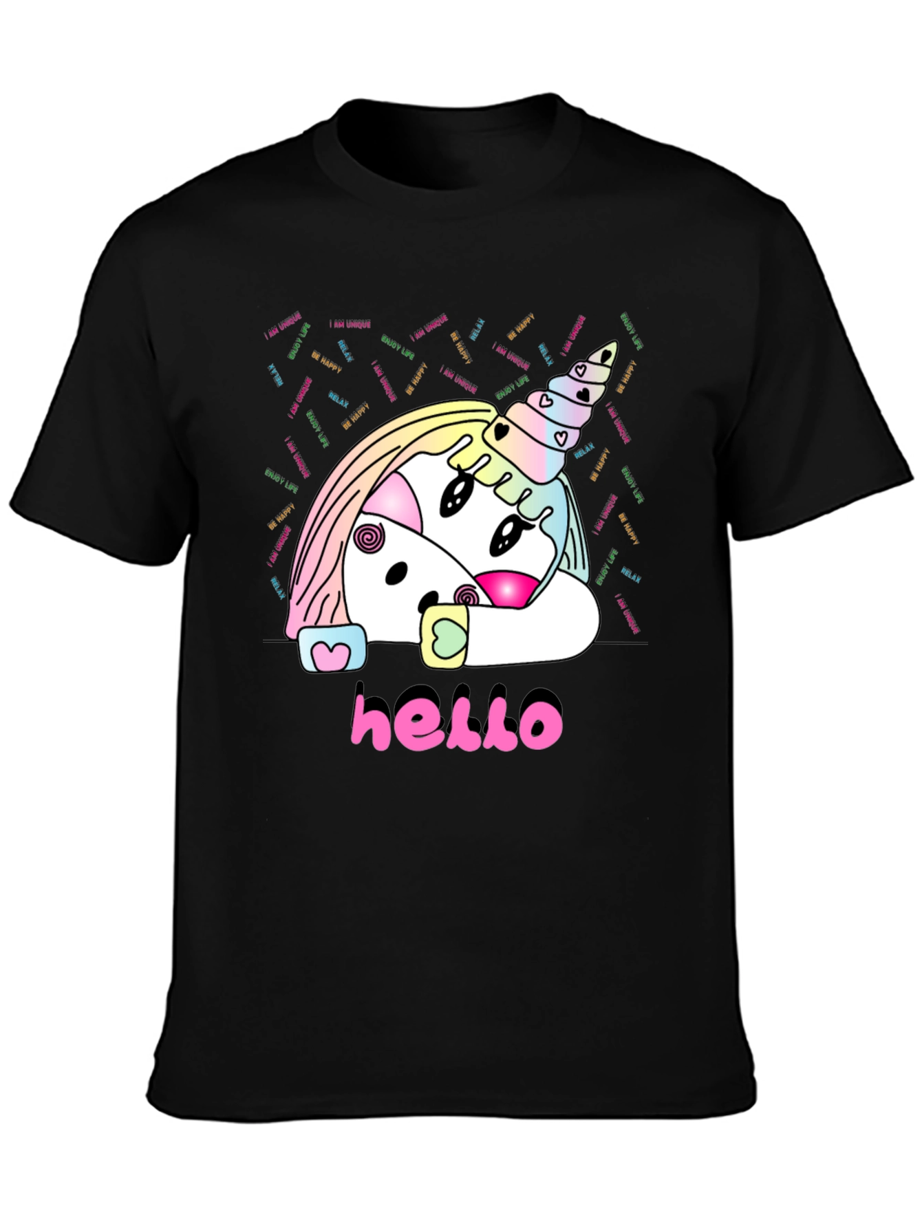 Unicorn Hello Black T-Shirt Graphic Tee
