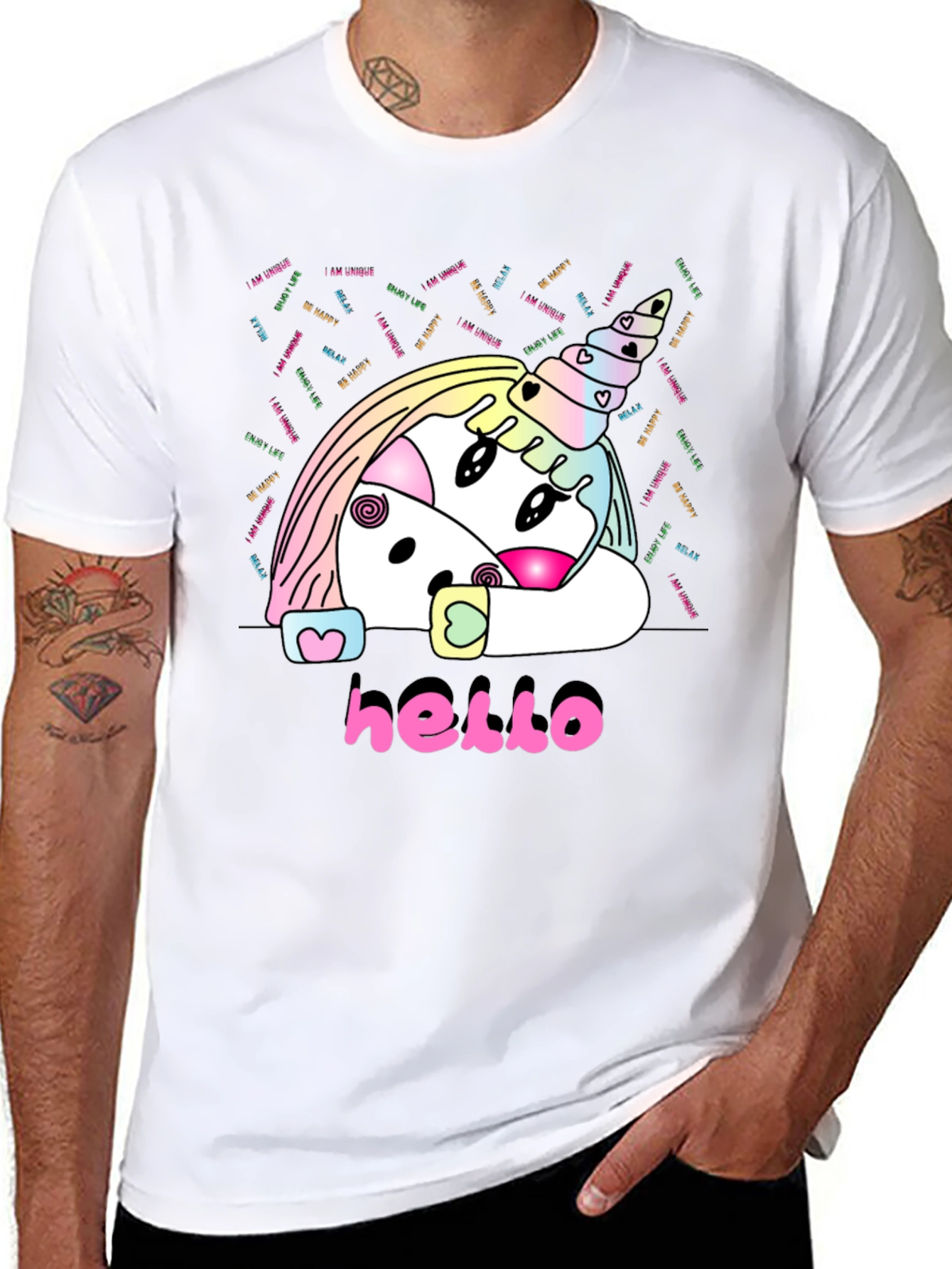 Unicorn Hello Black T-Shirt Graphic Tee