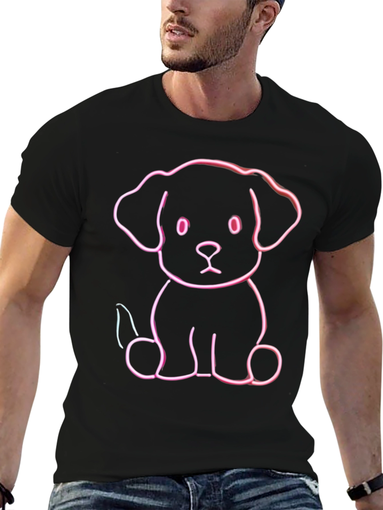 Cute Neon Puppy Graphic Tee - Black Cotton Blend