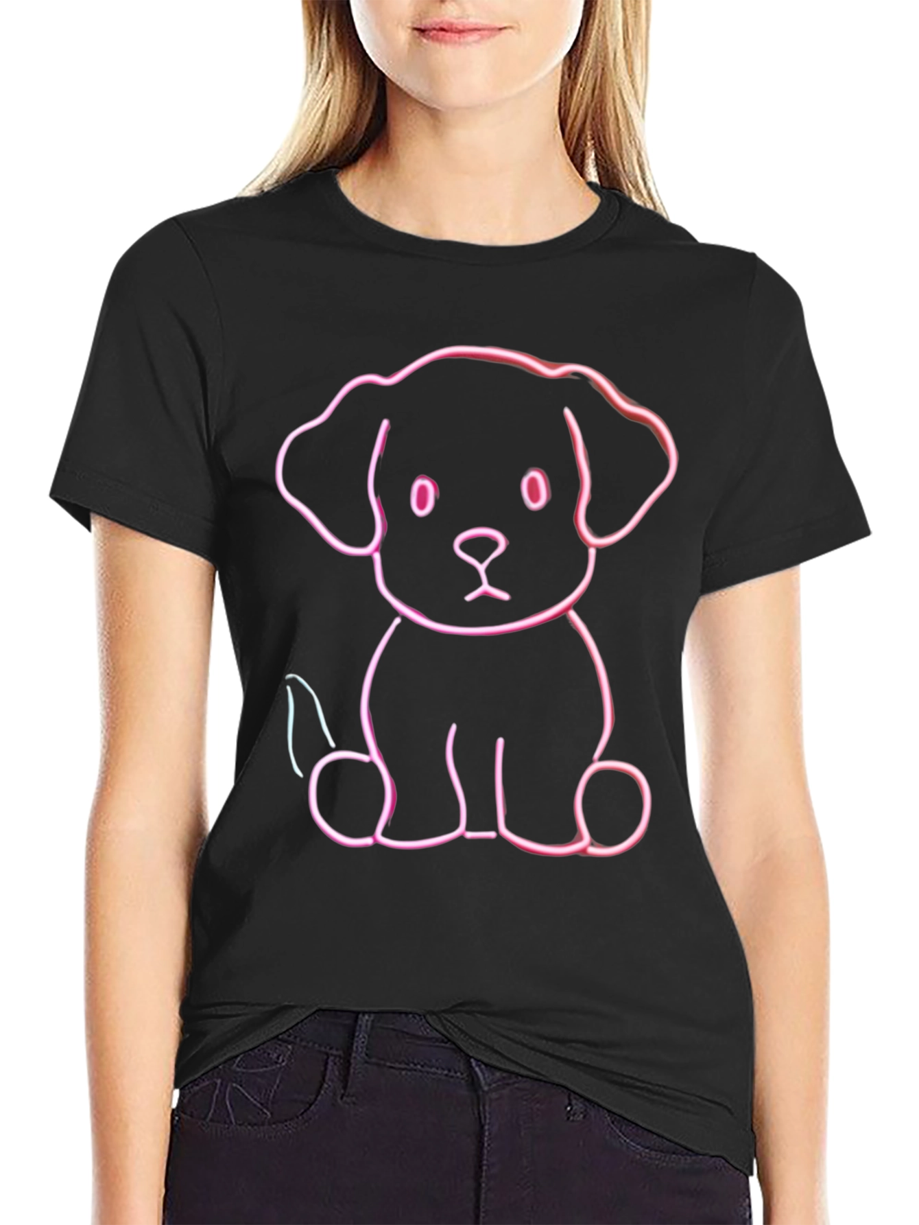 Cute Neon Puppy Graphic Tee - Black Cotton Blend