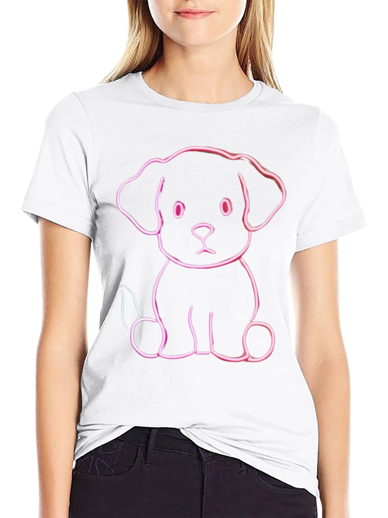 Cute Neon Puppy Graphic Tee - Black Cotton Blend