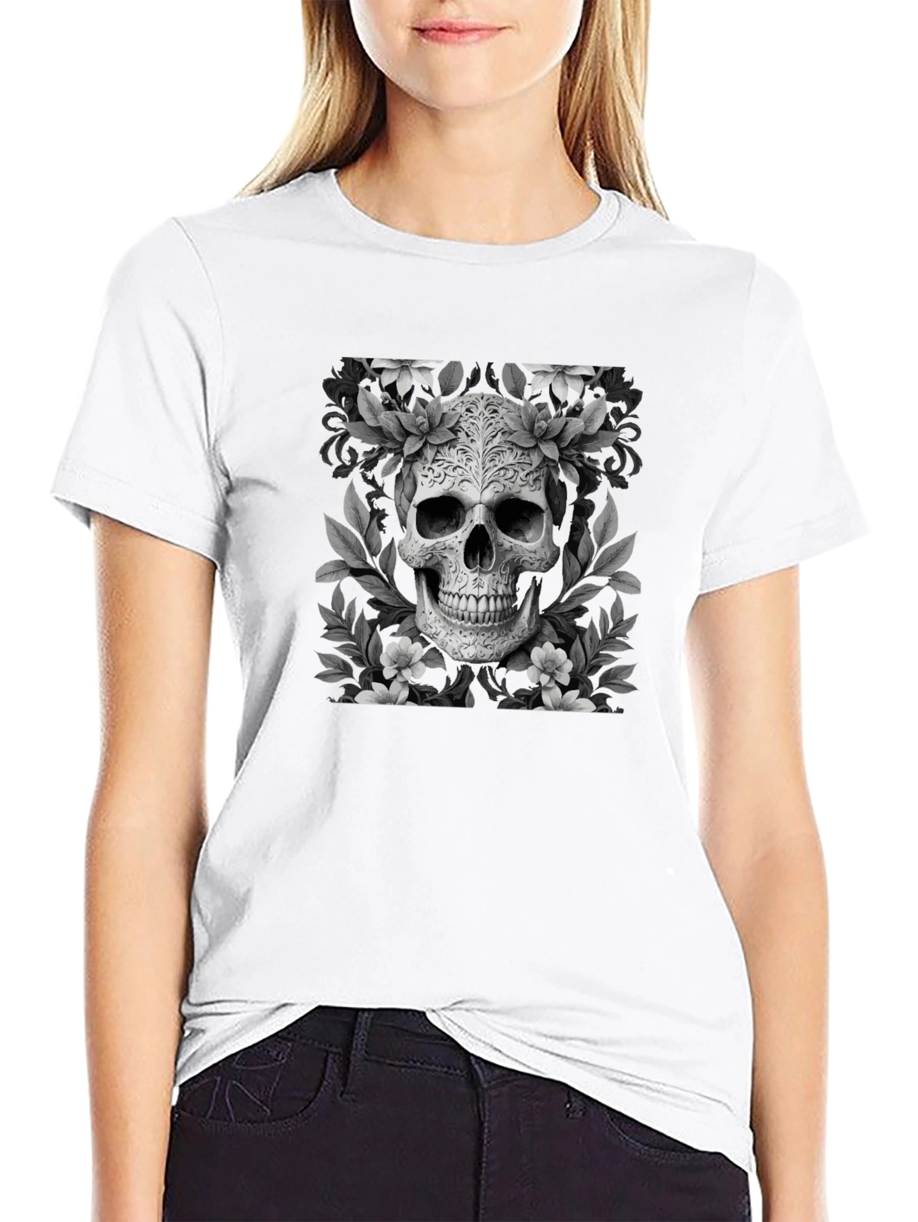 Floral Skull Graphic T-Shirt - Black
