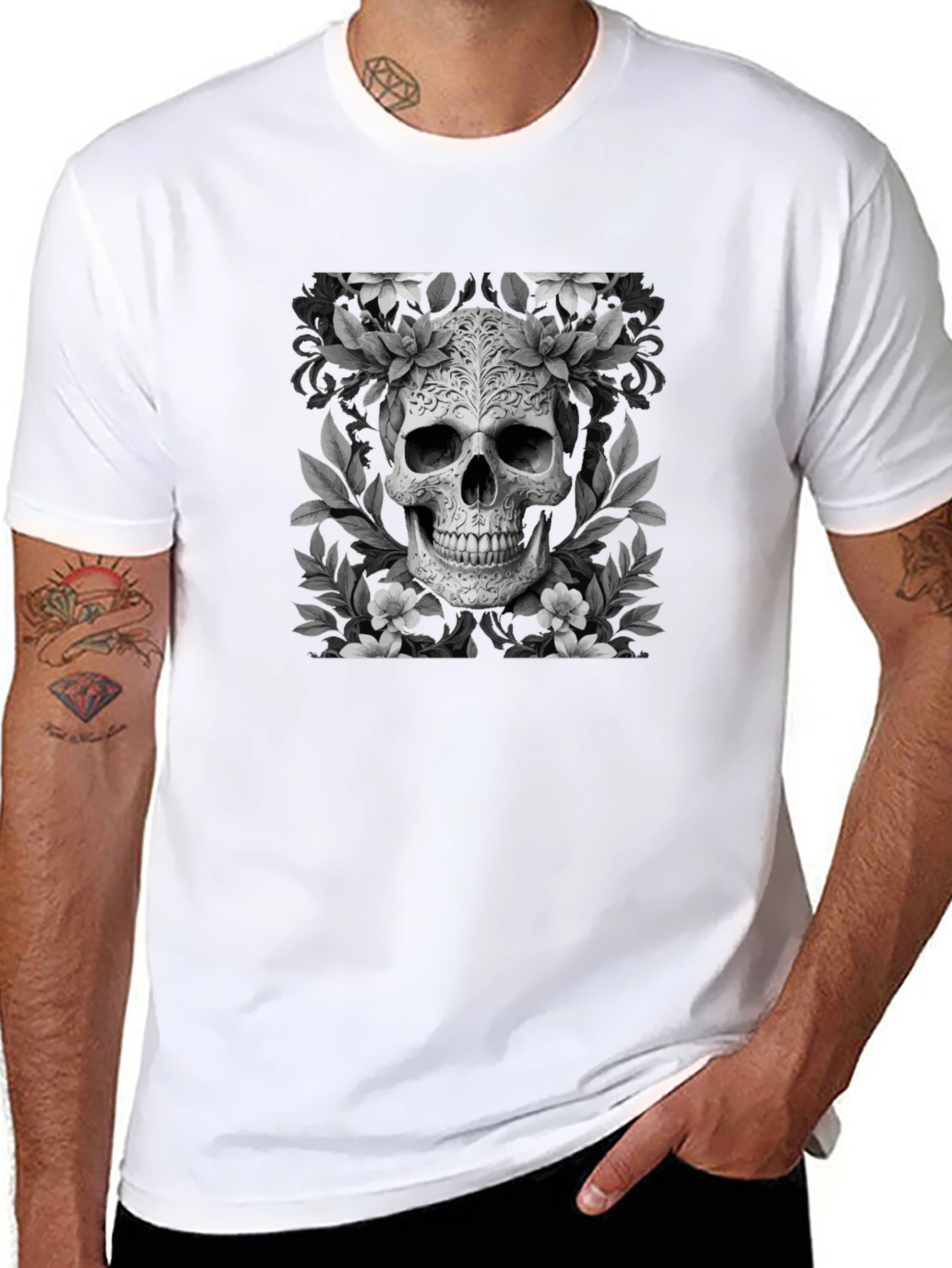 Floral Skull Graphic T-Shirt - Black