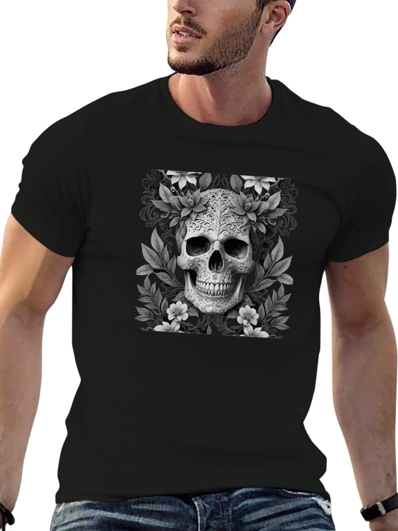 Floral Skull Graphic T-Shirt - Black