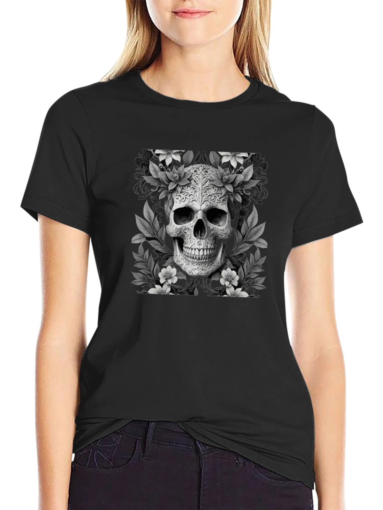 Floral Skull Graphic T-Shirt - Black