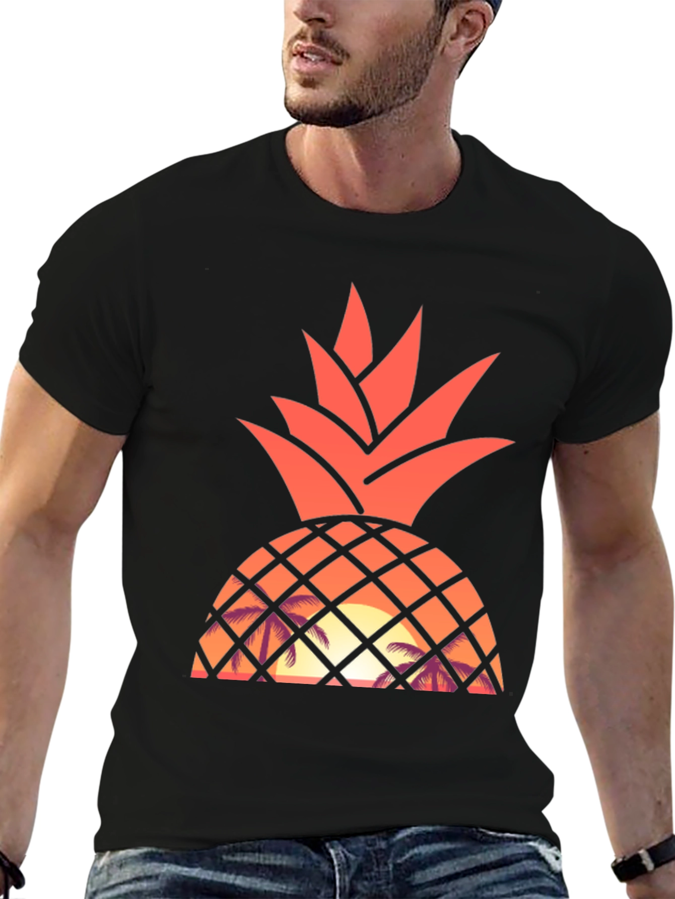 Tropical Pineapple Sunset Graphic Tee - Black
