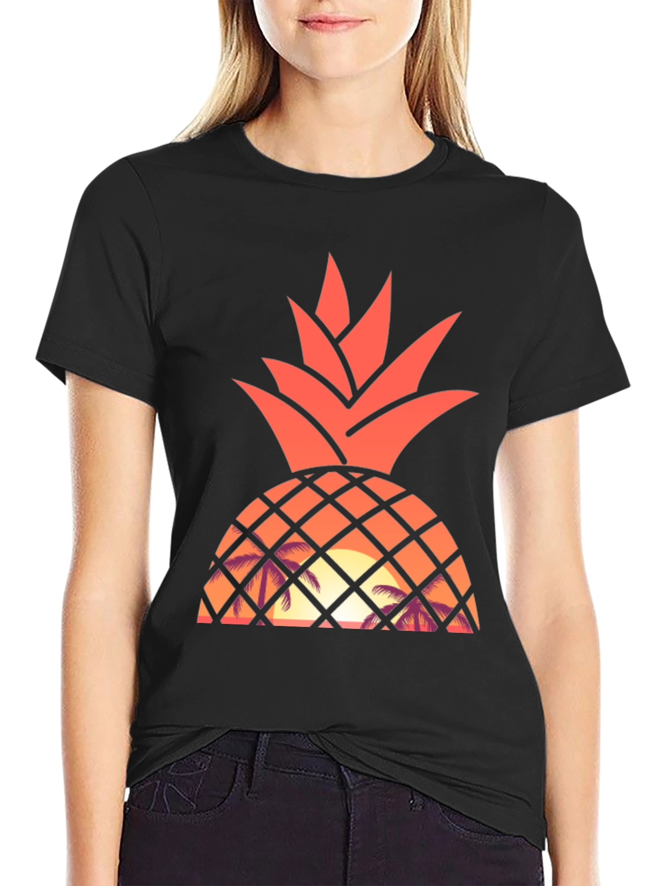 Tropical Pineapple Sunset Graphic Tee - Black