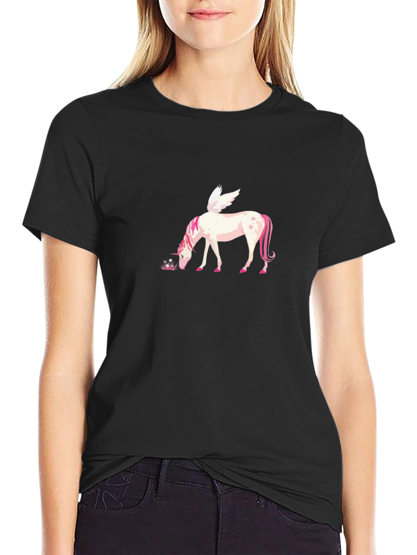 Black T-Shirt with Unicorn Pegasus Graphic