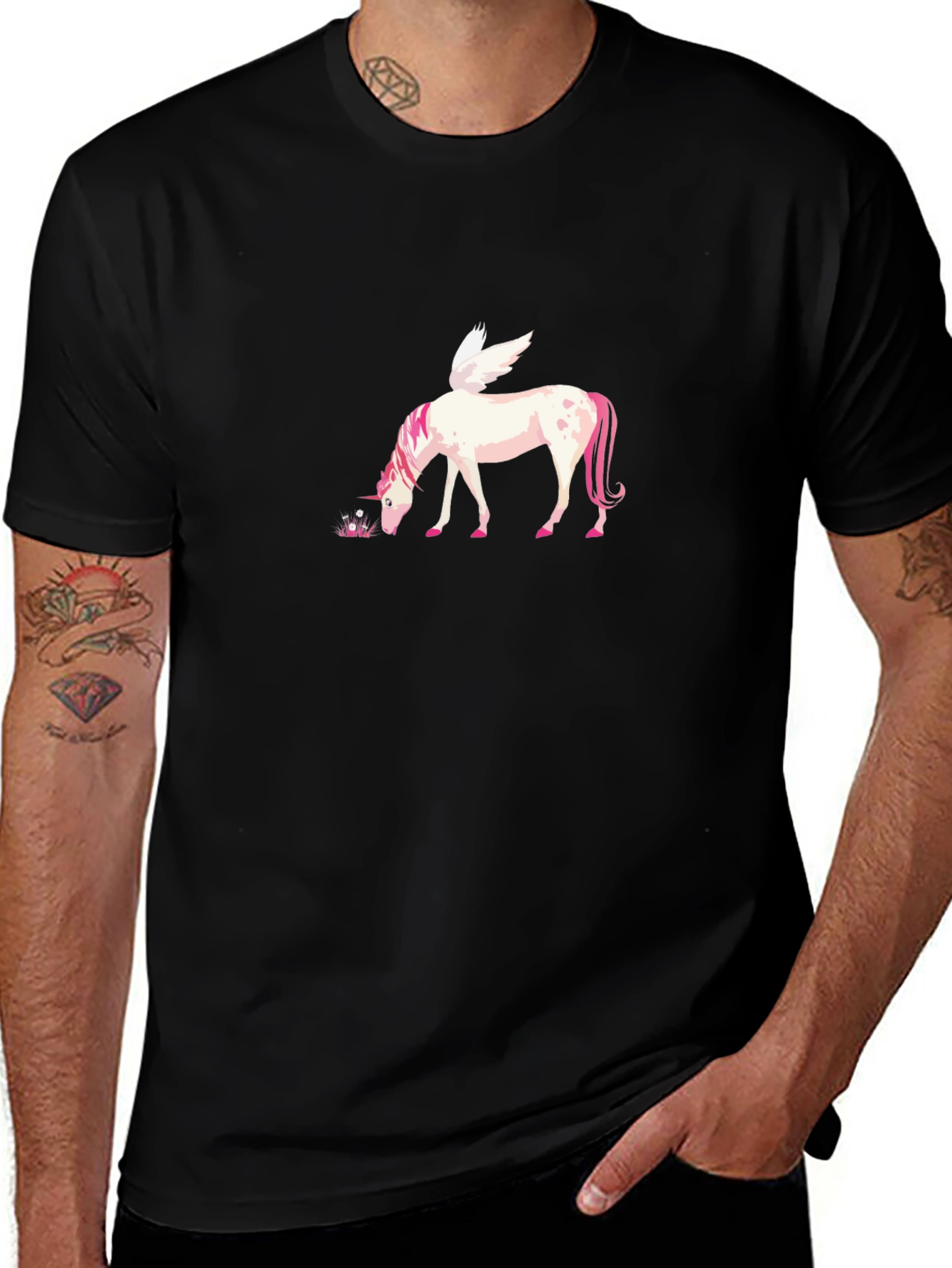 Black T-Shirt with Unicorn Pegasus Graphic