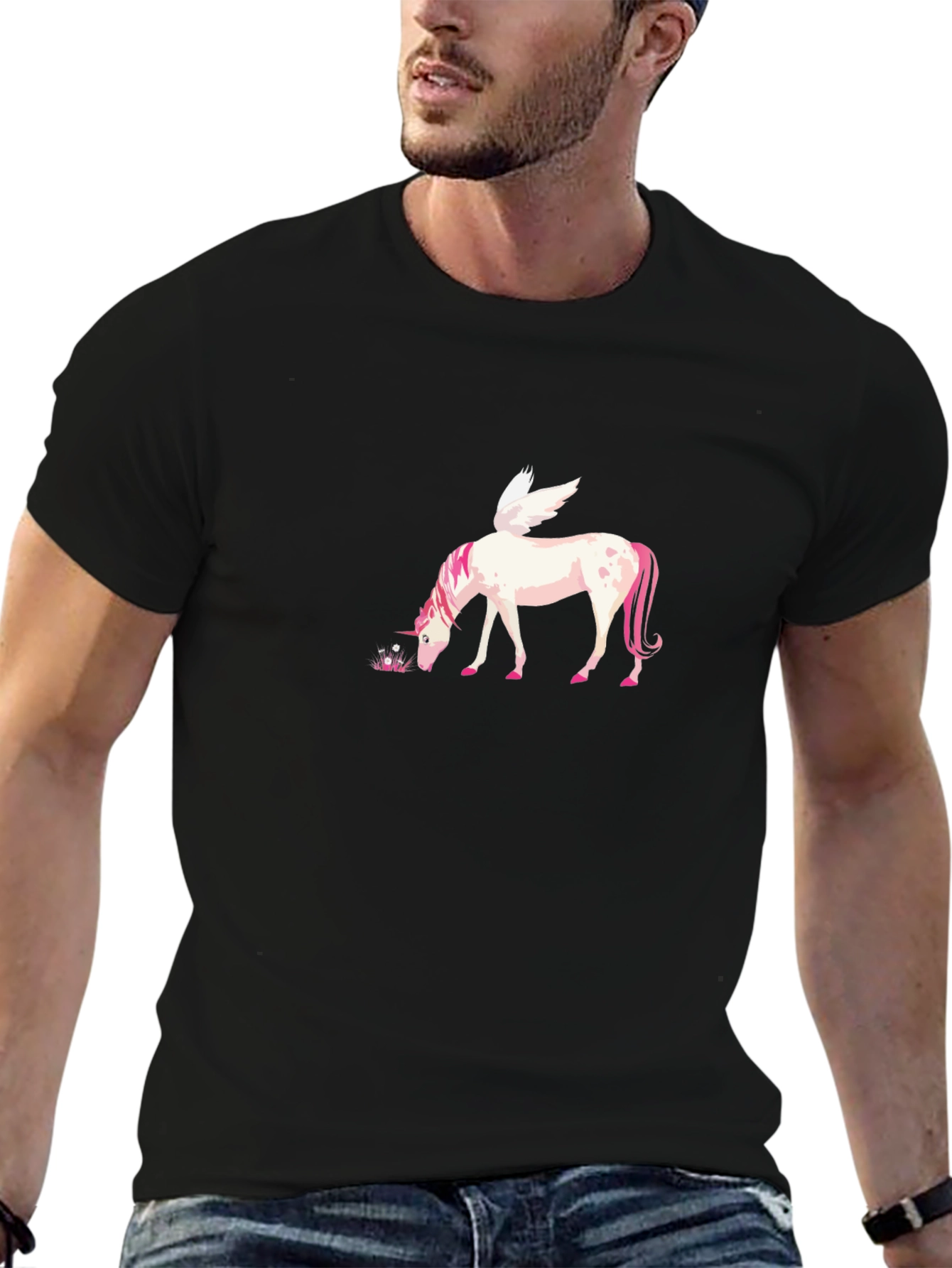 Black T-Shirt with Unicorn Pegasus Graphic