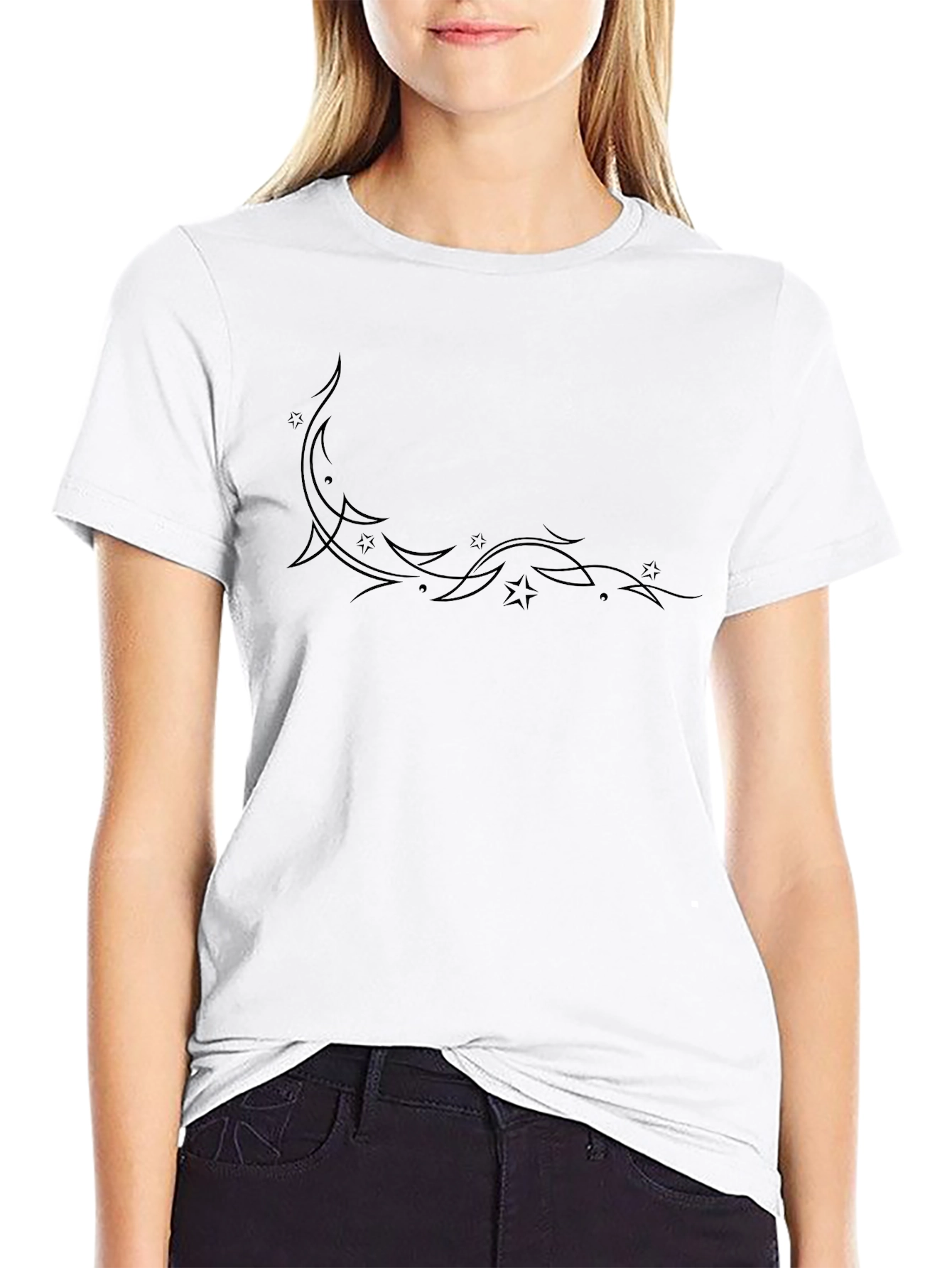 Mens Black T-Shirt with Starry Crescent Design