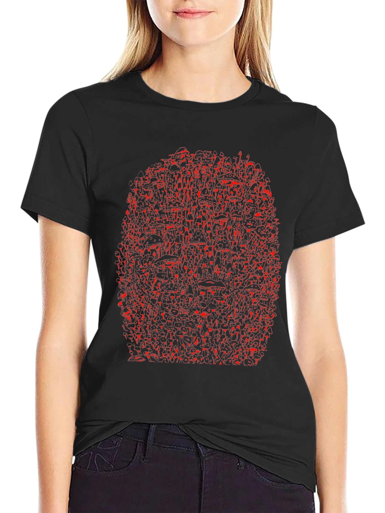 Unique Red Abstract Print Black Crewneck T-Shirt