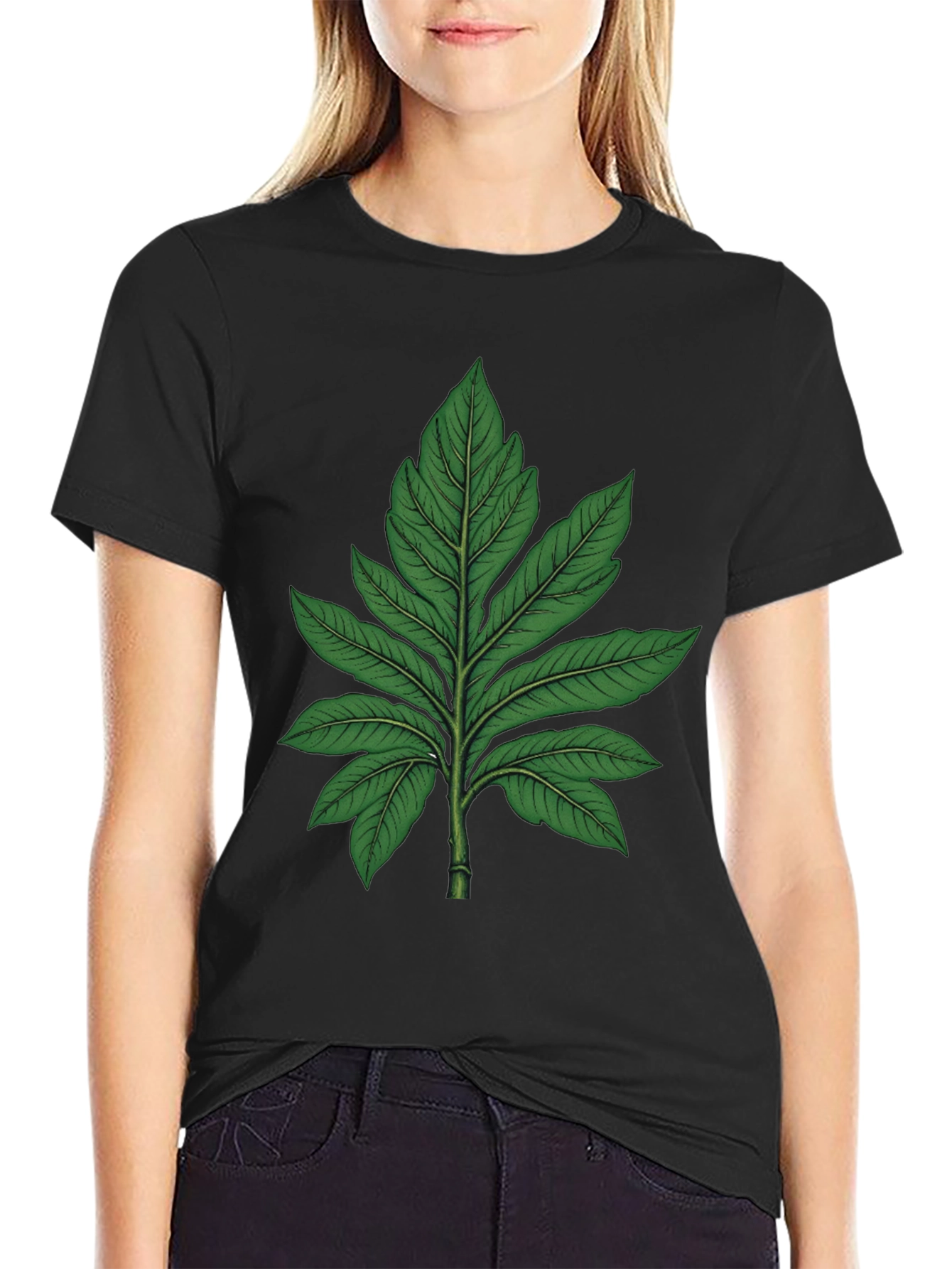 Botanical Leaf Graphic Tee - Black Cotton T-Shirt