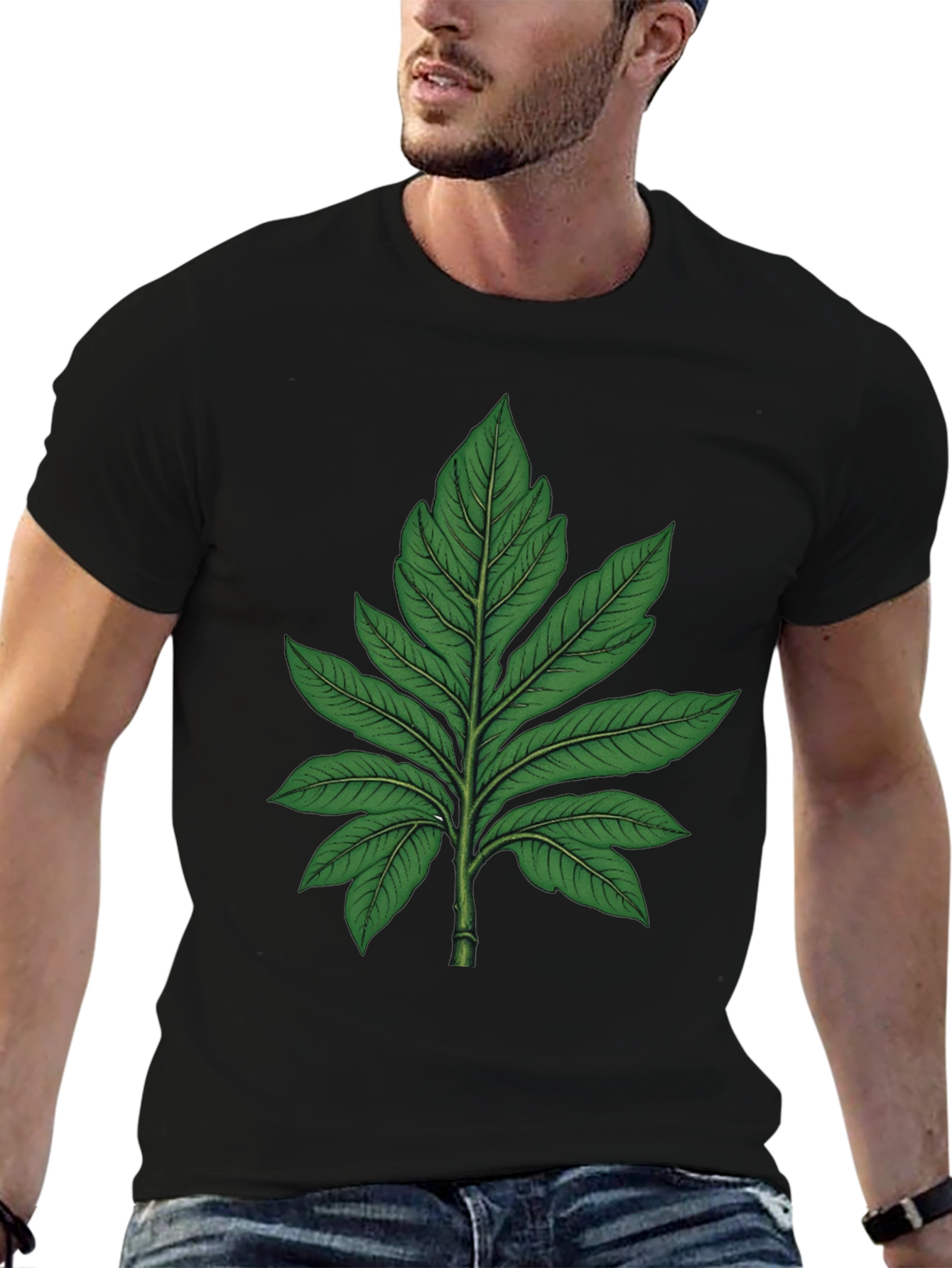 Botanical Leaf Graphic Tee - Black Cotton T-Shirt