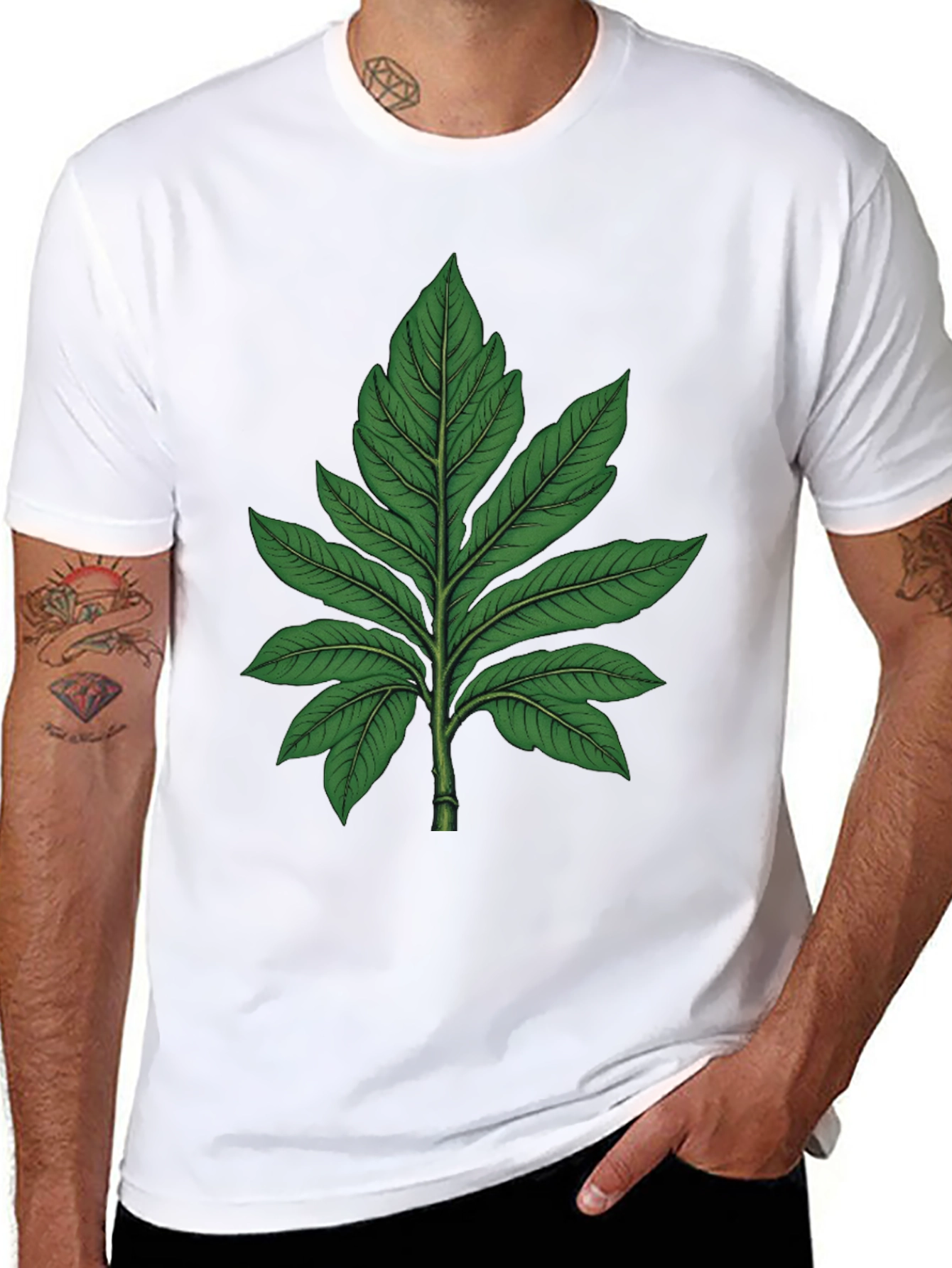 Botanical Leaf Graphic Tee - Black Cotton T-Shirt