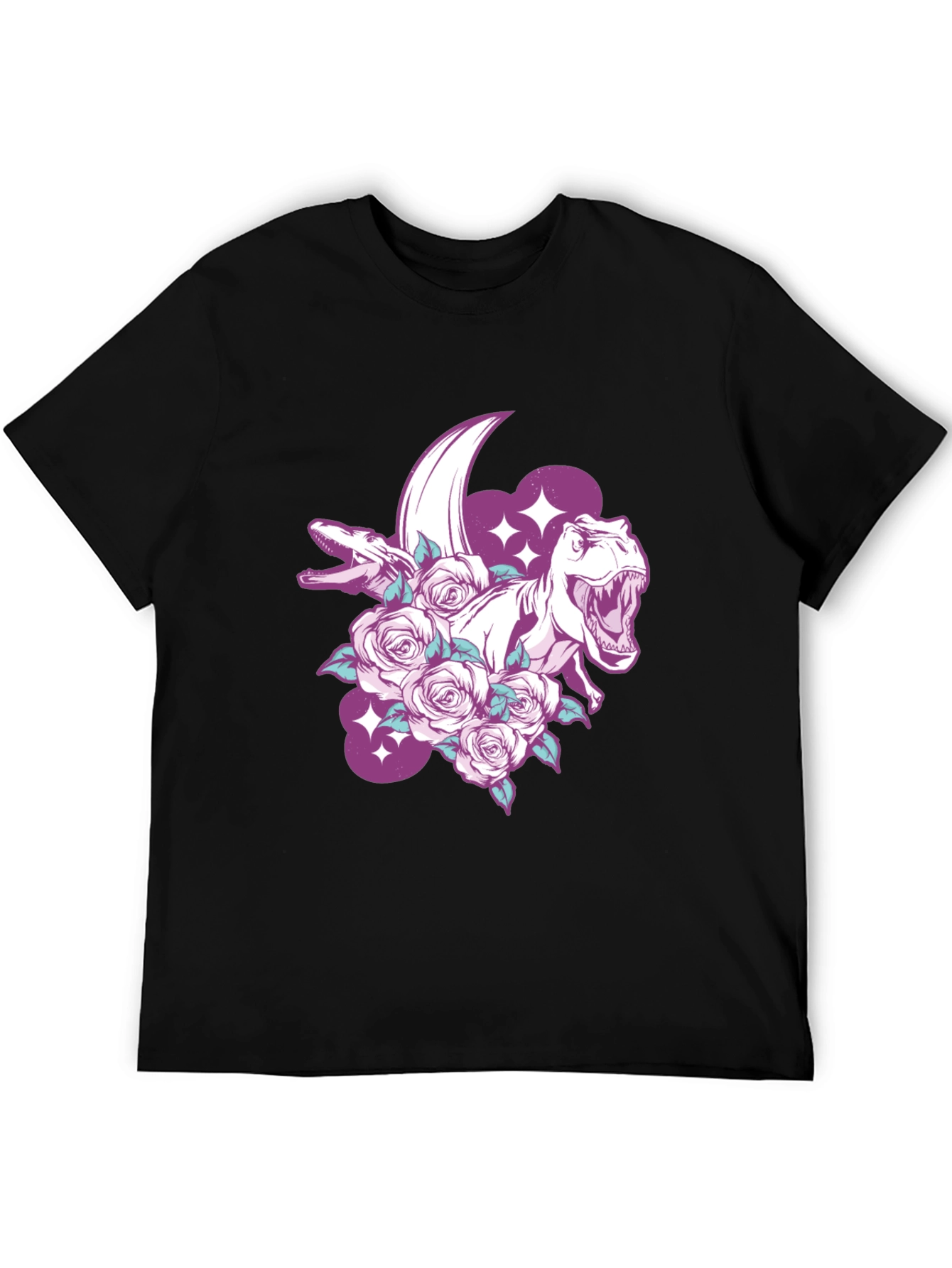 Dinosaur & Roses Graphic Print Black T-Shirt