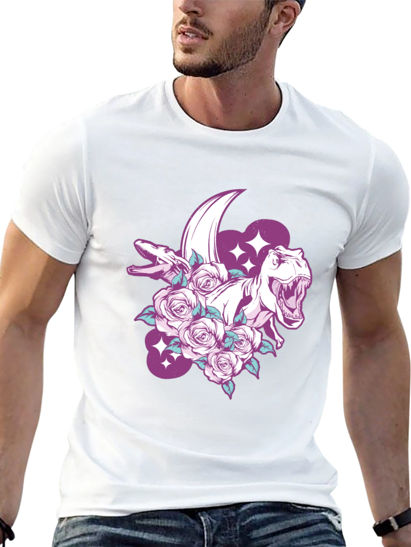 Dinosaur & Roses Graphic Print Black T-Shirt