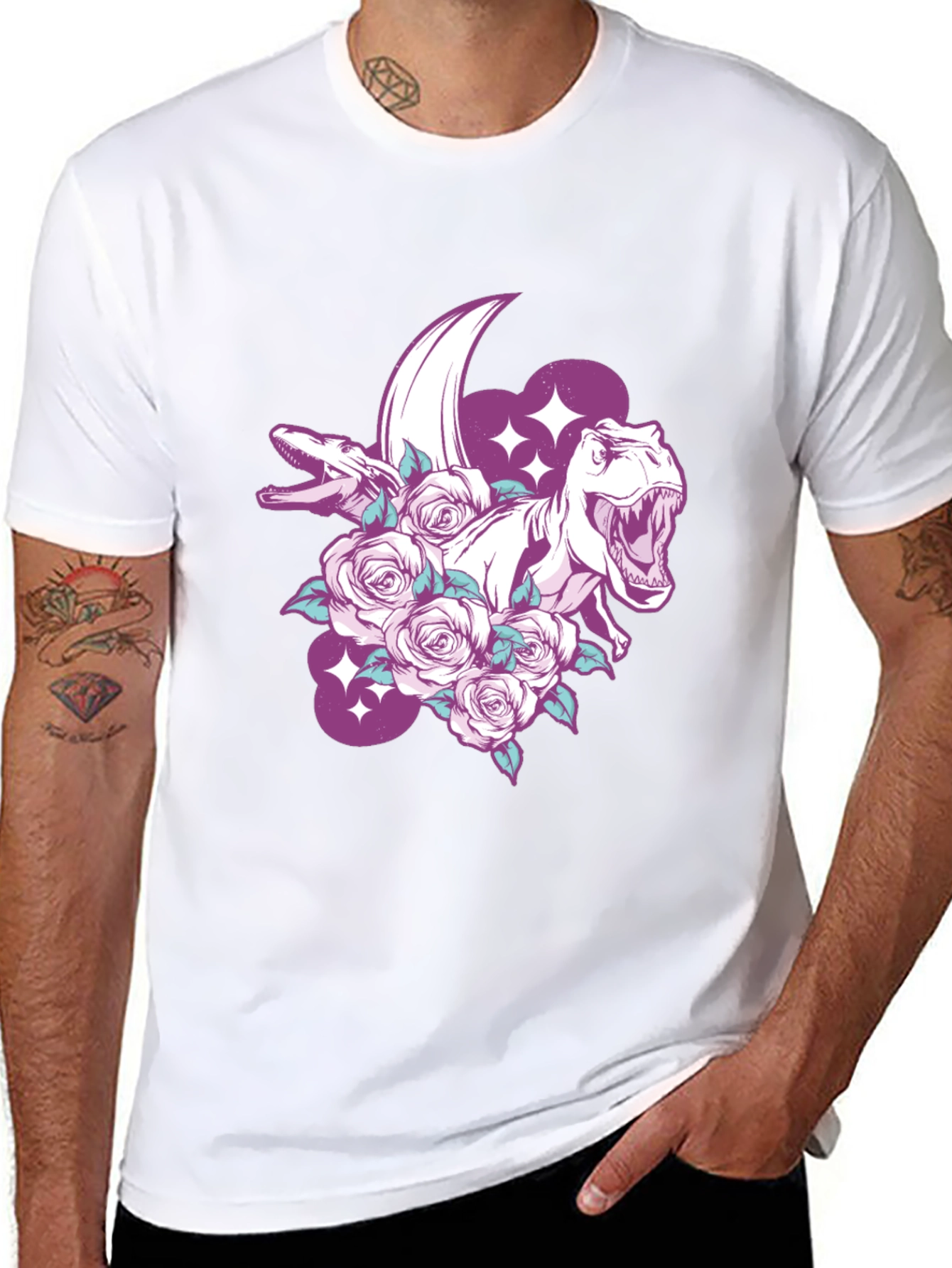 Dinosaur & Roses Graphic Print Black T-Shirt