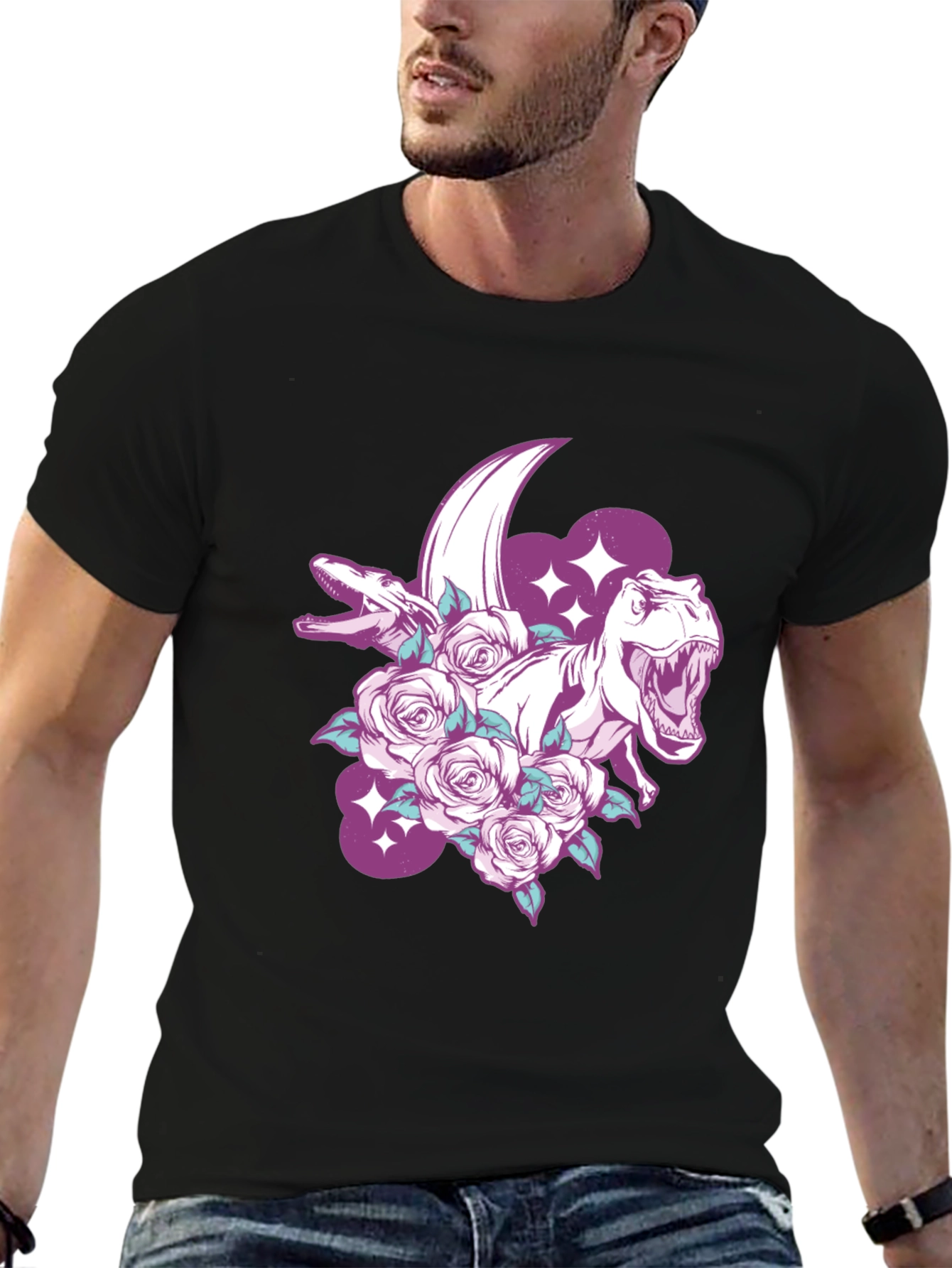 Dinosaur & Roses Graphic Print Black T-Shirt