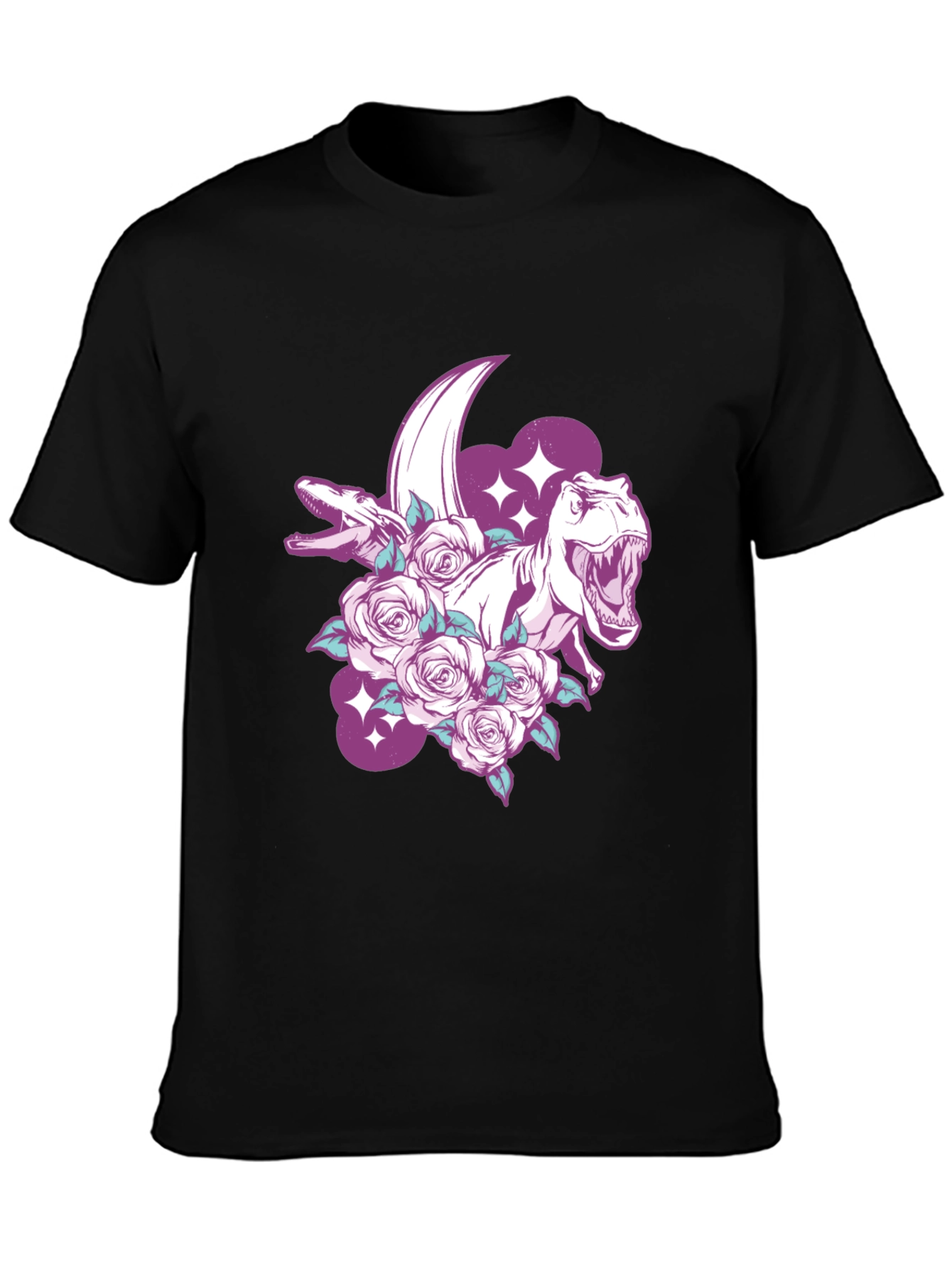 Dinosaur & Roses Graphic Print Black T-Shirt