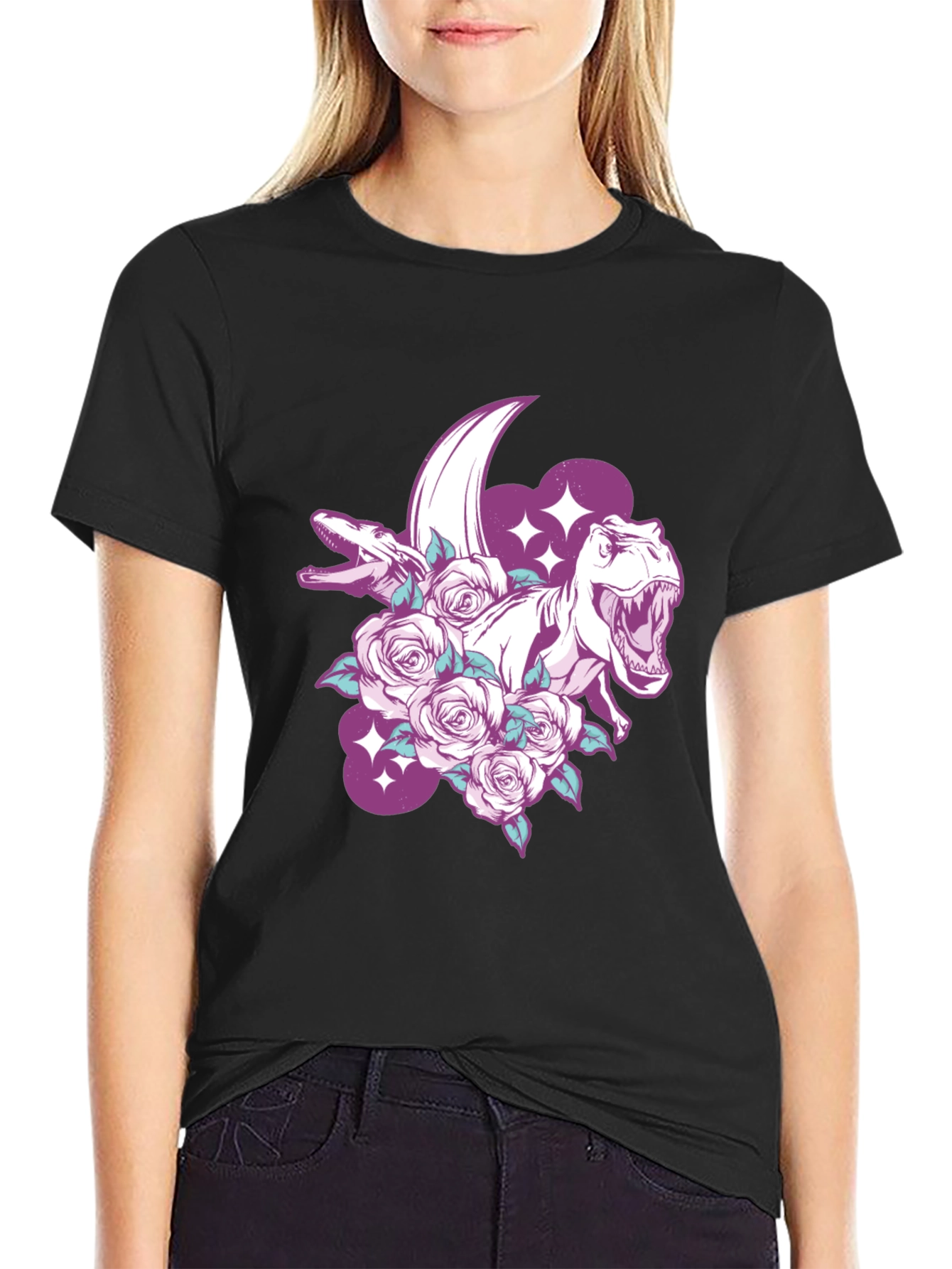 Dinosaur & Roses Graphic Print Black T-Shirt