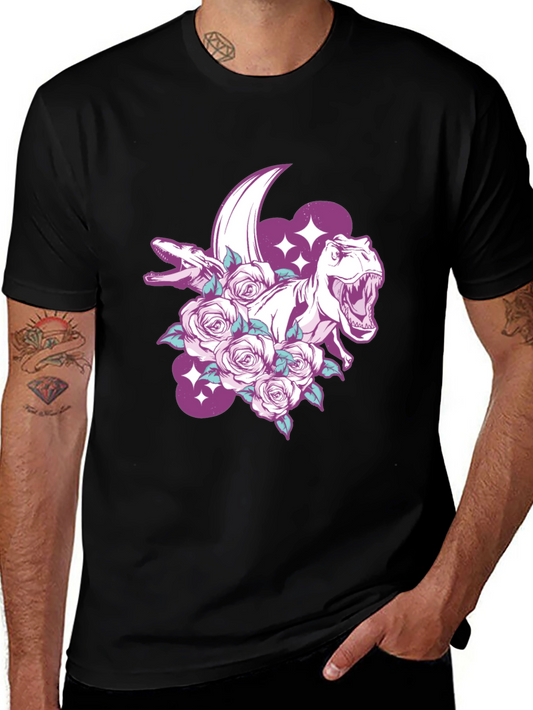Dinosaur & Roses Graphic Print Black T-Shirt