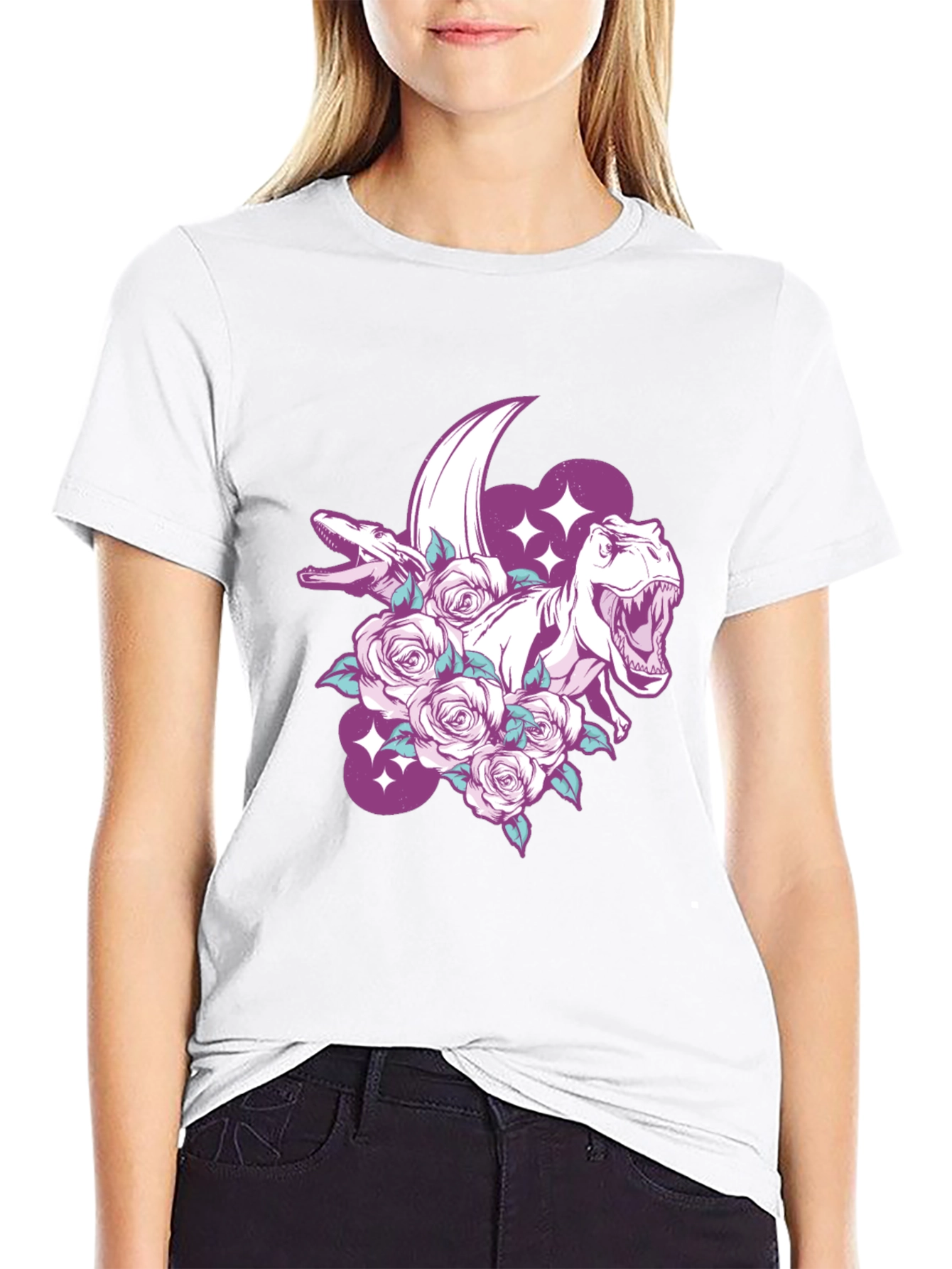 Dinosaur & Roses Graphic Print Black T-Shirt