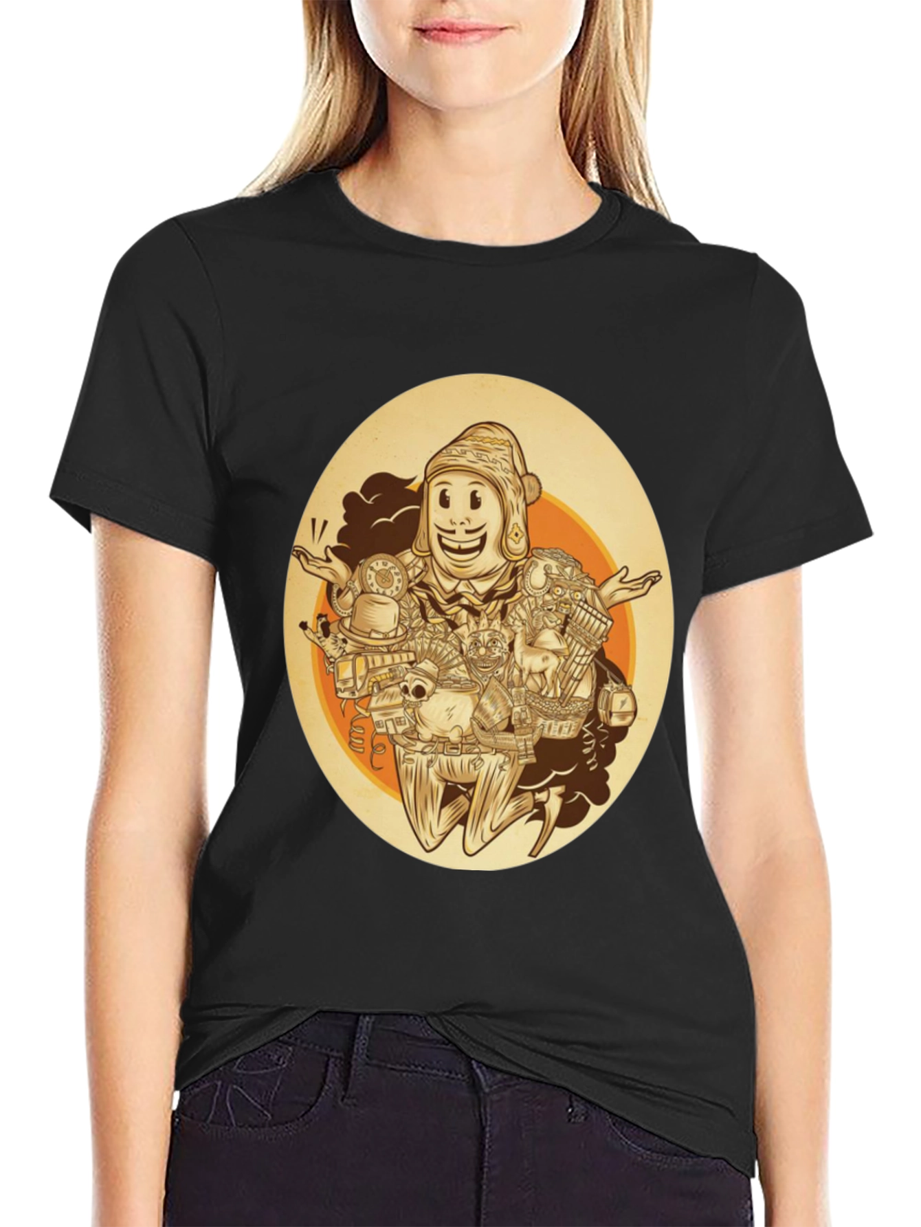 Quirky Cartoon Graphic Tee - Black Cotton Blend