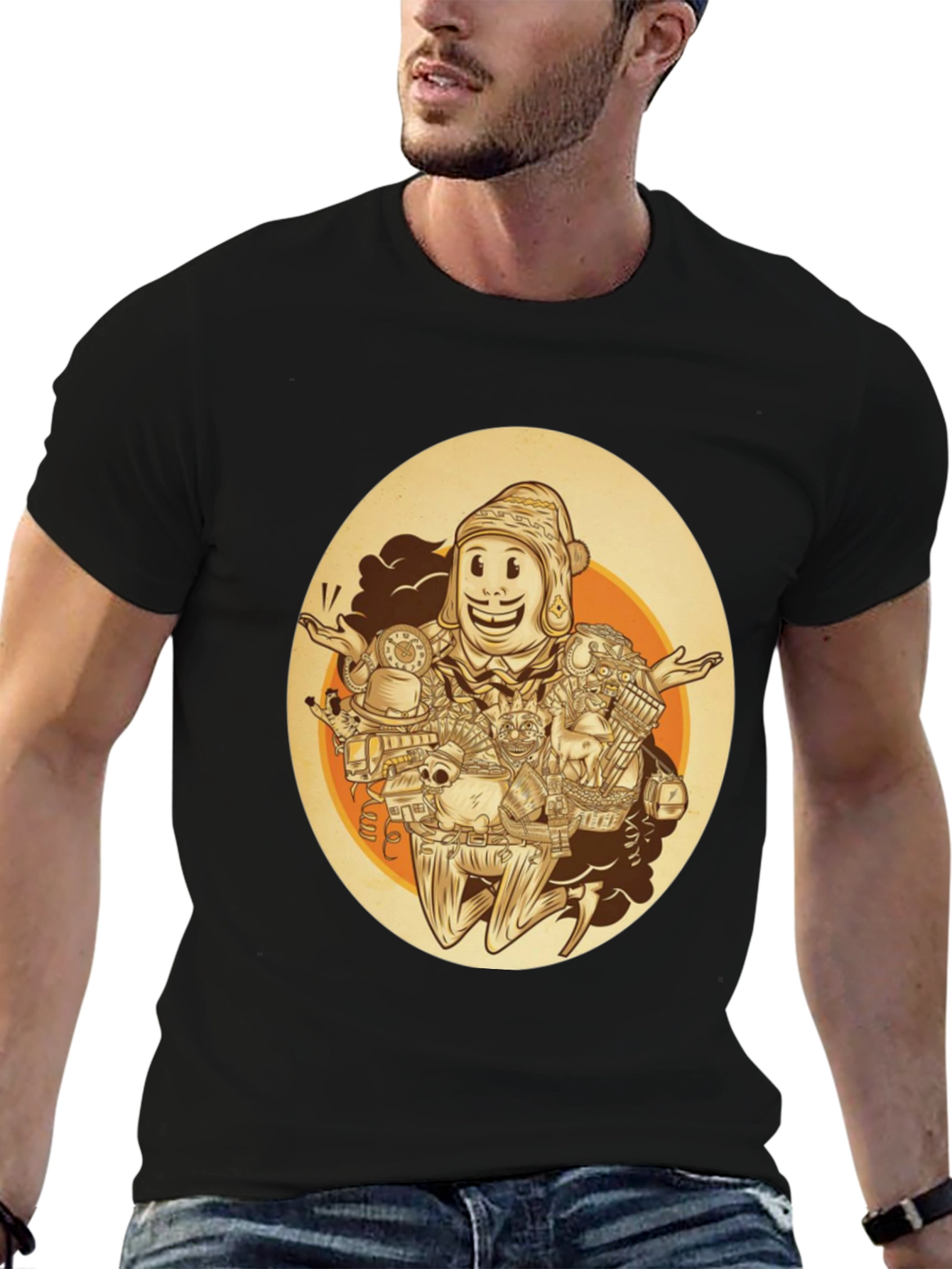 Quirky Cartoon Graphic Tee - Black Cotton Blend