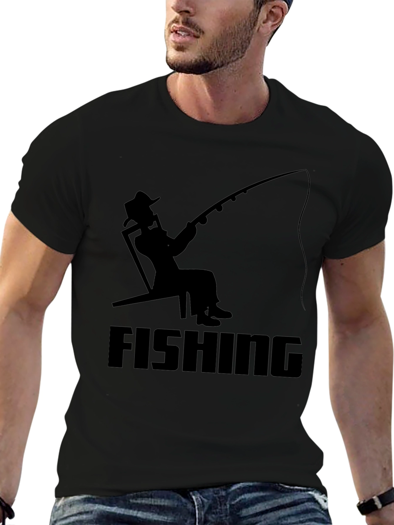 Fishing Silhouette Graphic T-Shirt - Black