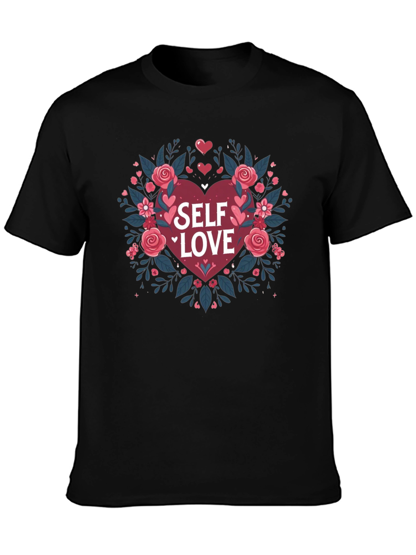 Self Love Heart Floral Graphic Black Tee