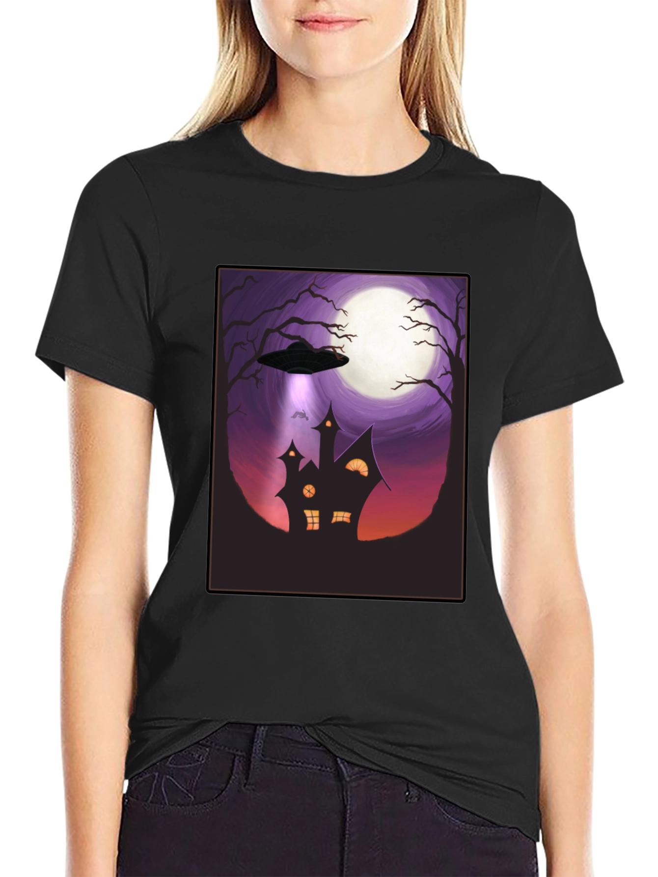 UFO Halloween T-Shirt - Haunted House Abduction