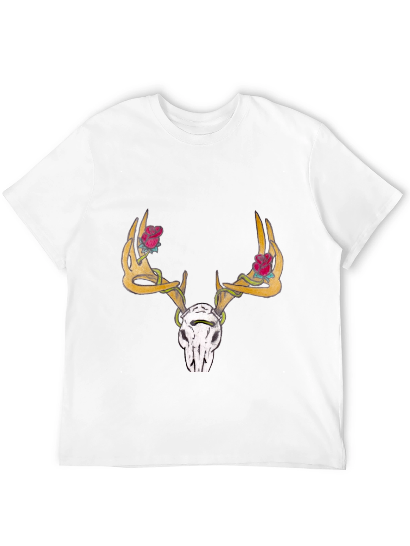 Deer Skull Rose Horn Graphic Tee - Black