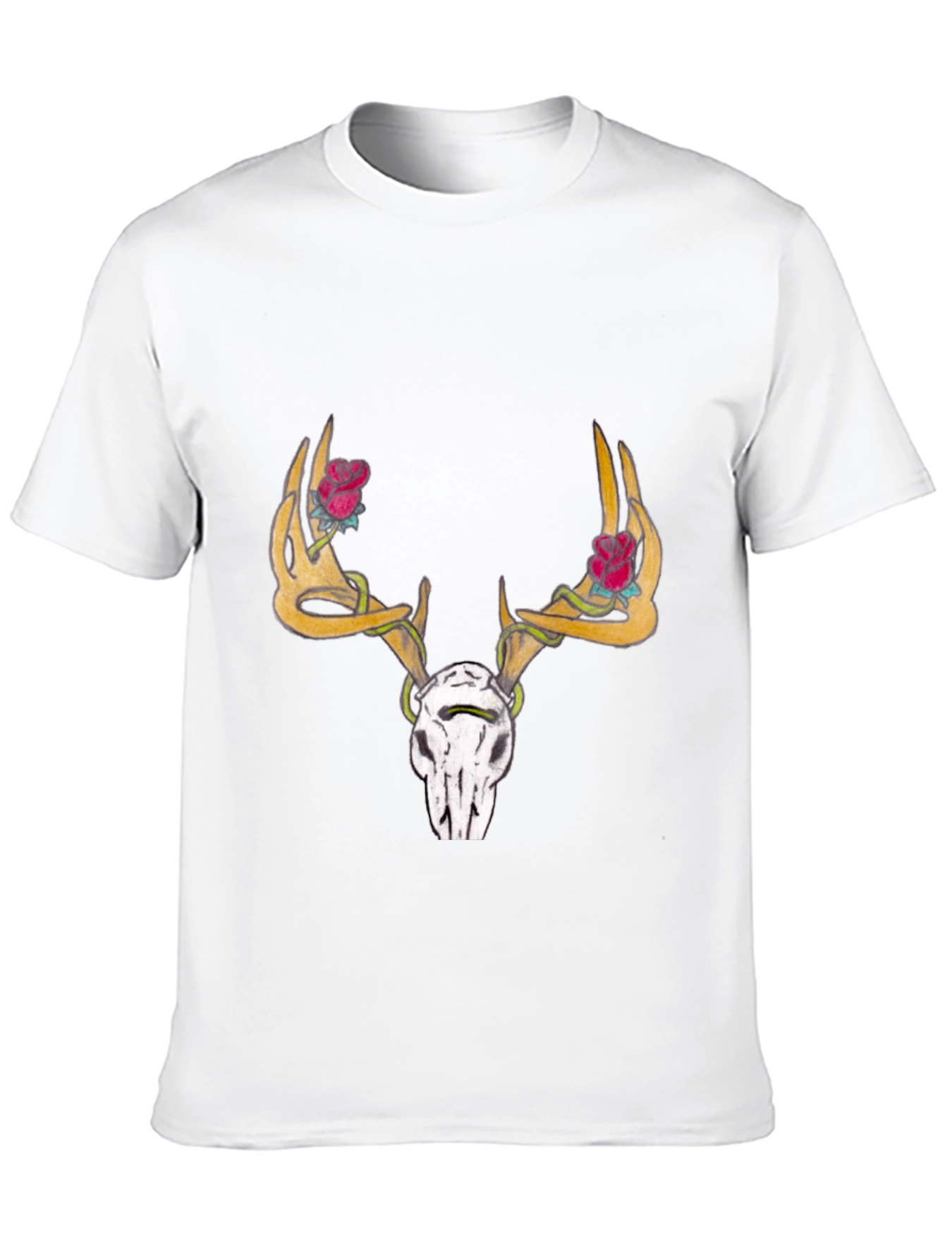 Deer Skull Rose Horn Graphic Tee - Black